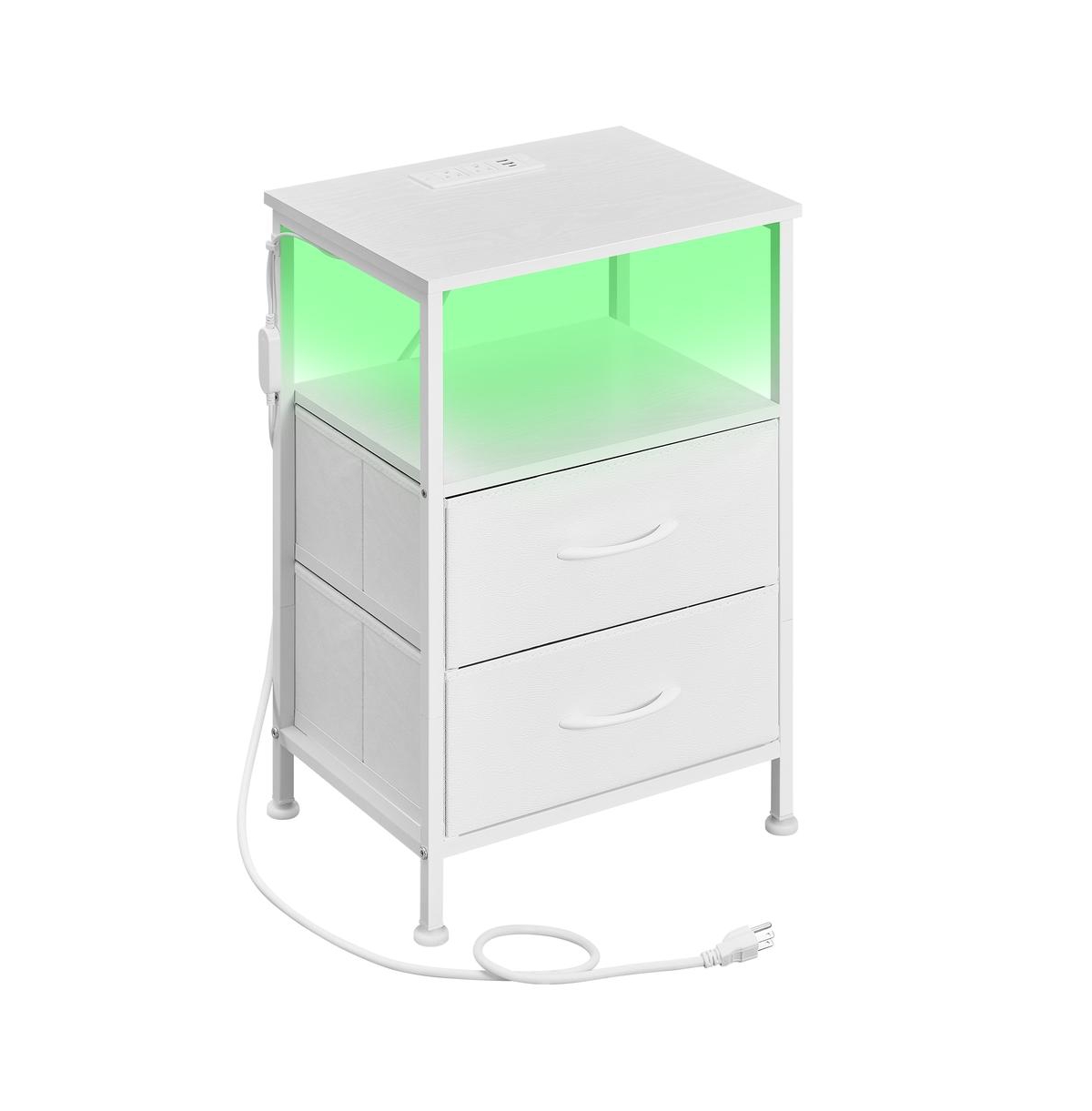 SongmicsHome Bedroom Bedside Table with Led Lights and Charging Station, Nightstand with 2 Drawer and 1 Shelf