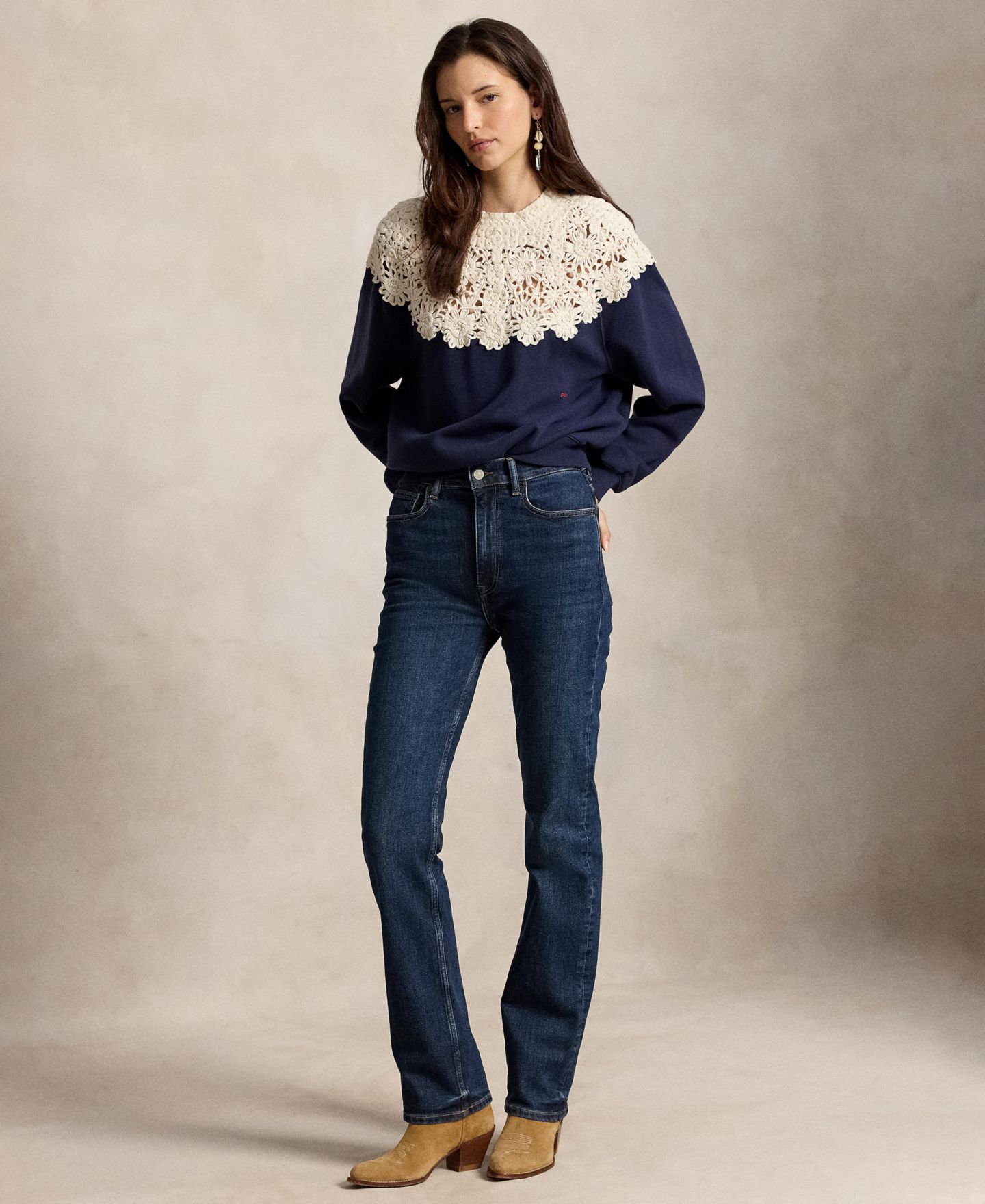 Женский свитшот Polo Ralph Lauren с кроше на кокетке и круглым вырезом, цвет: Тёмно-синий — фото 2