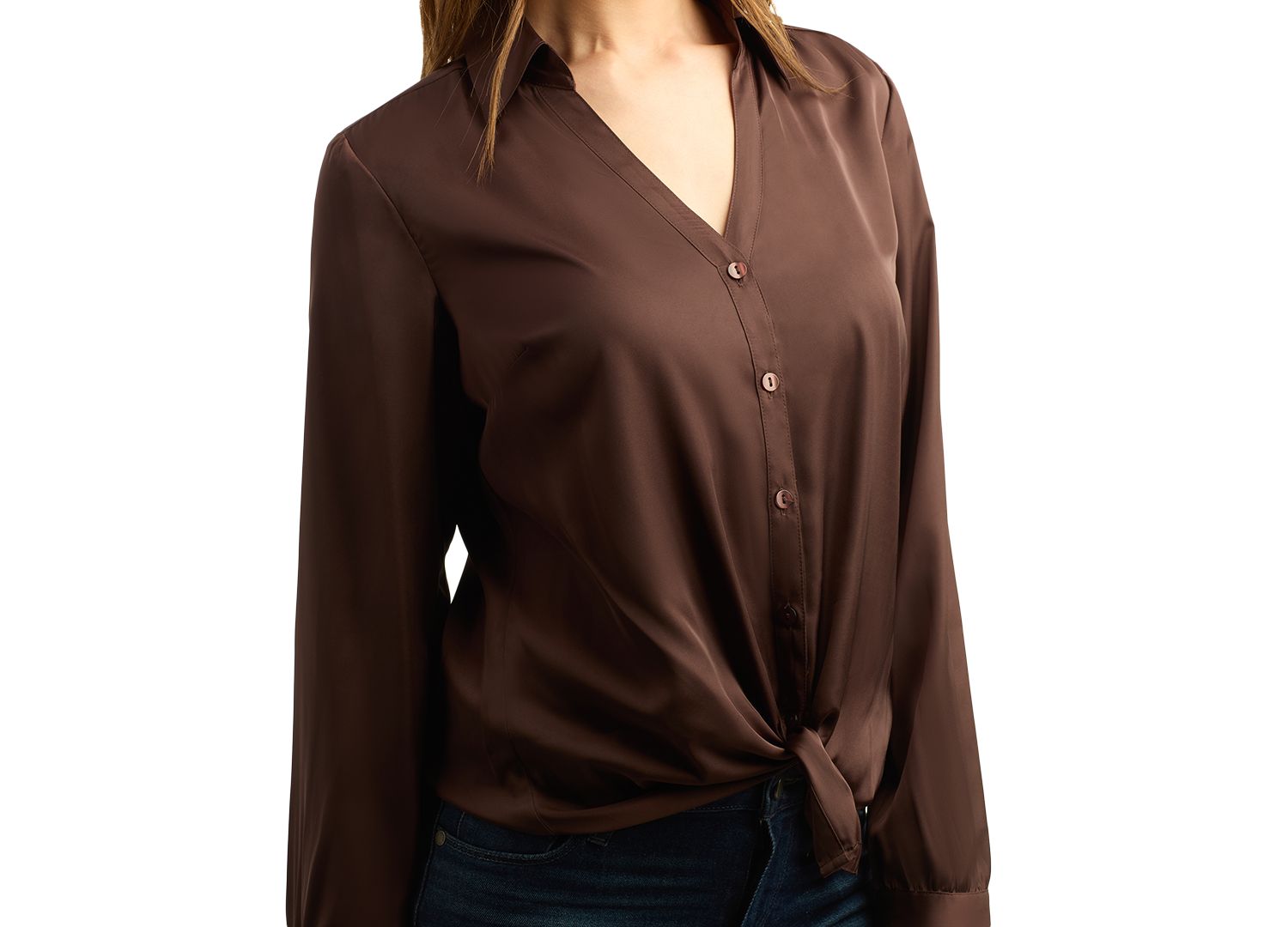 Juniors' Long-Sleeve Button-Up Tie-Front Blouse