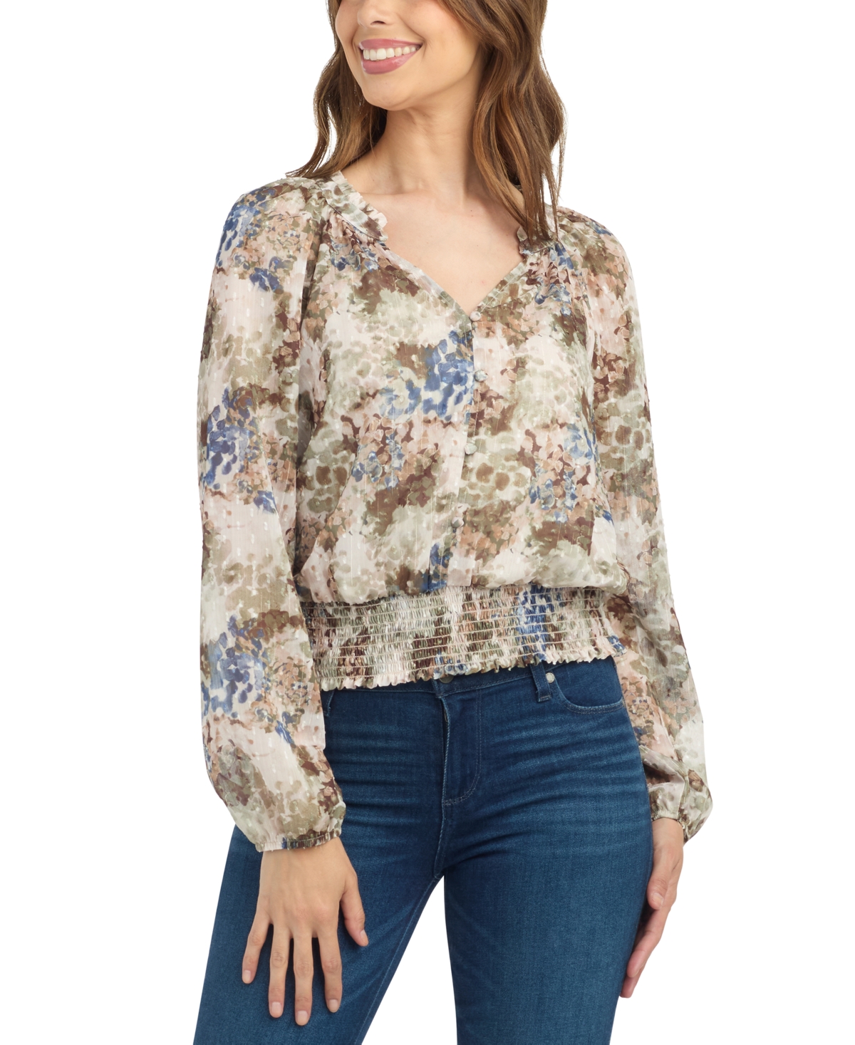 Bcx Juniors' Print Sheer Long-Sleeve Blouse