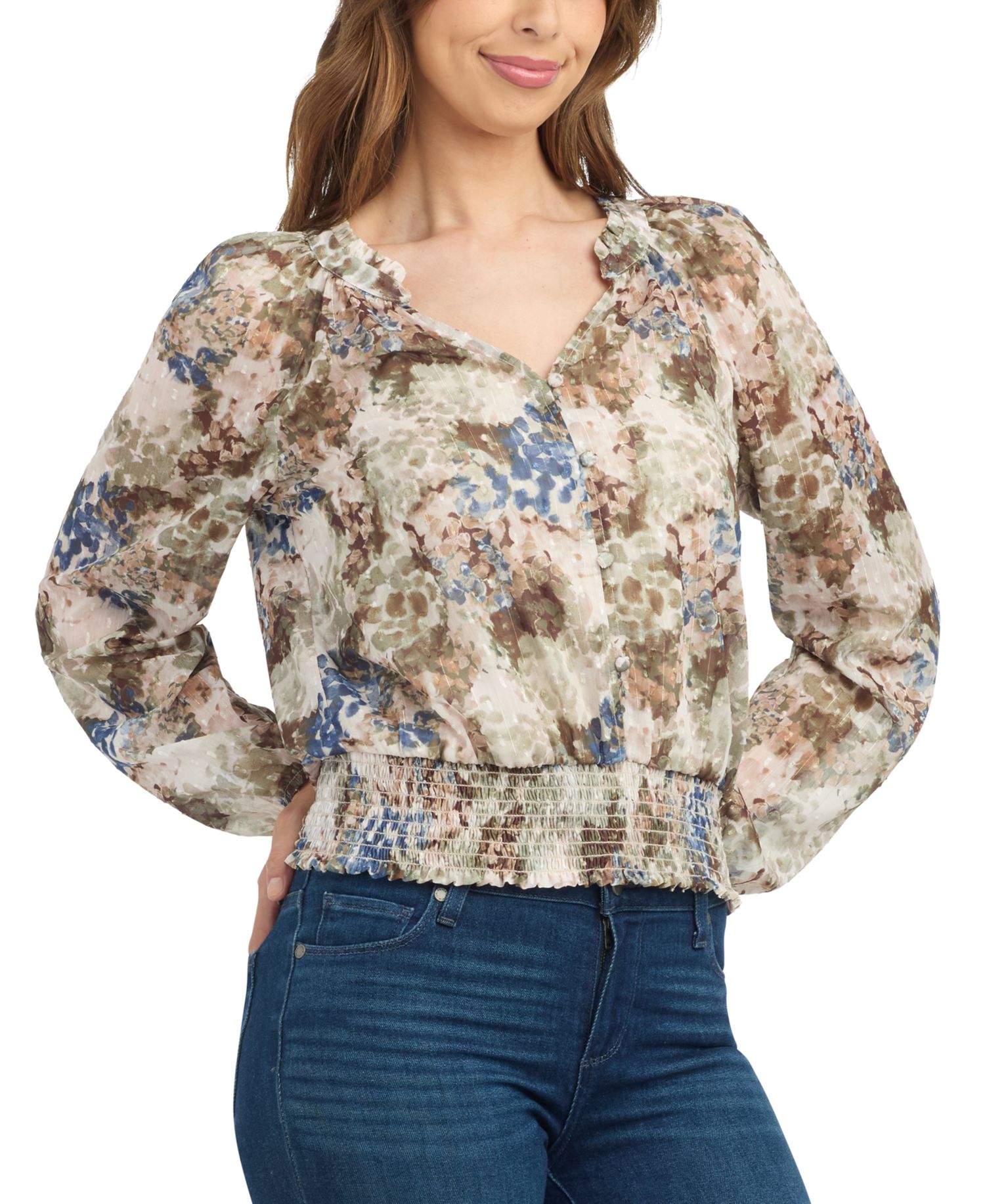 Juniors' Print Sheer Long-Sleeve Blouse