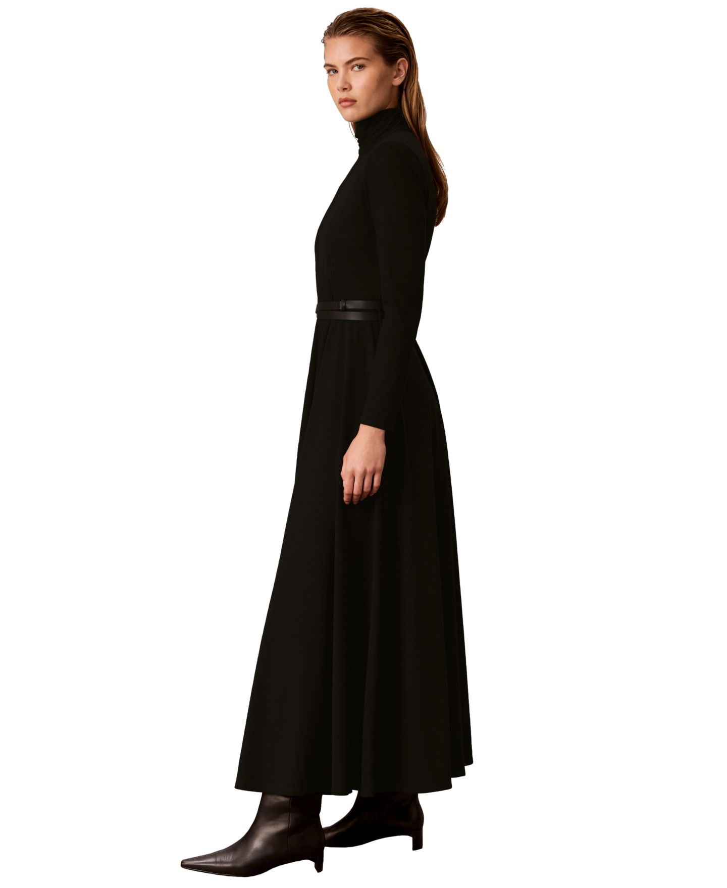 Женское платье Calvin Klein Petite Belted Long-Sleeve Turtleneck A-Line, цвет: Чёрный — фото 2