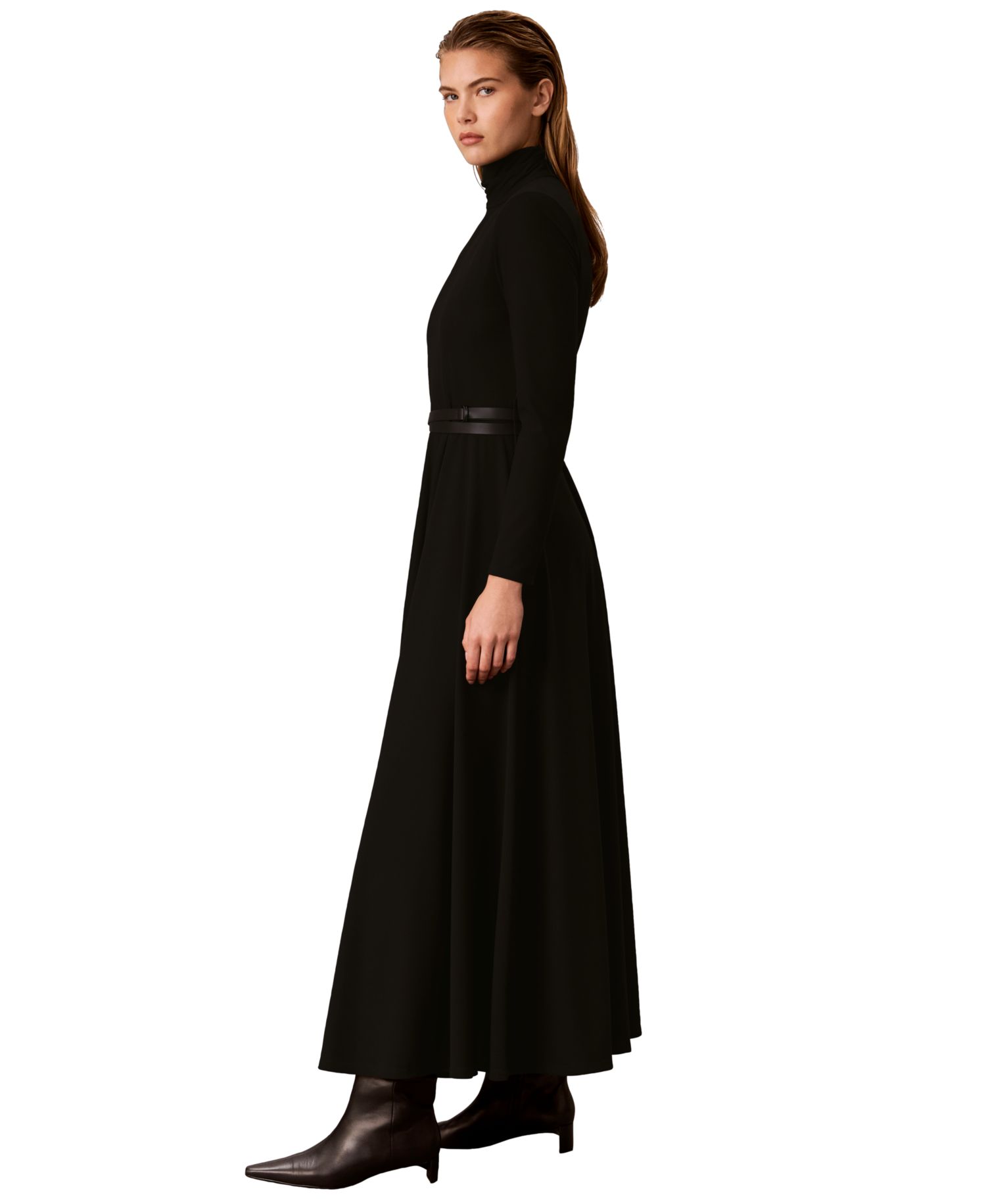 Petite Belted Long-Sleeve Turtleneck A-Line Dress