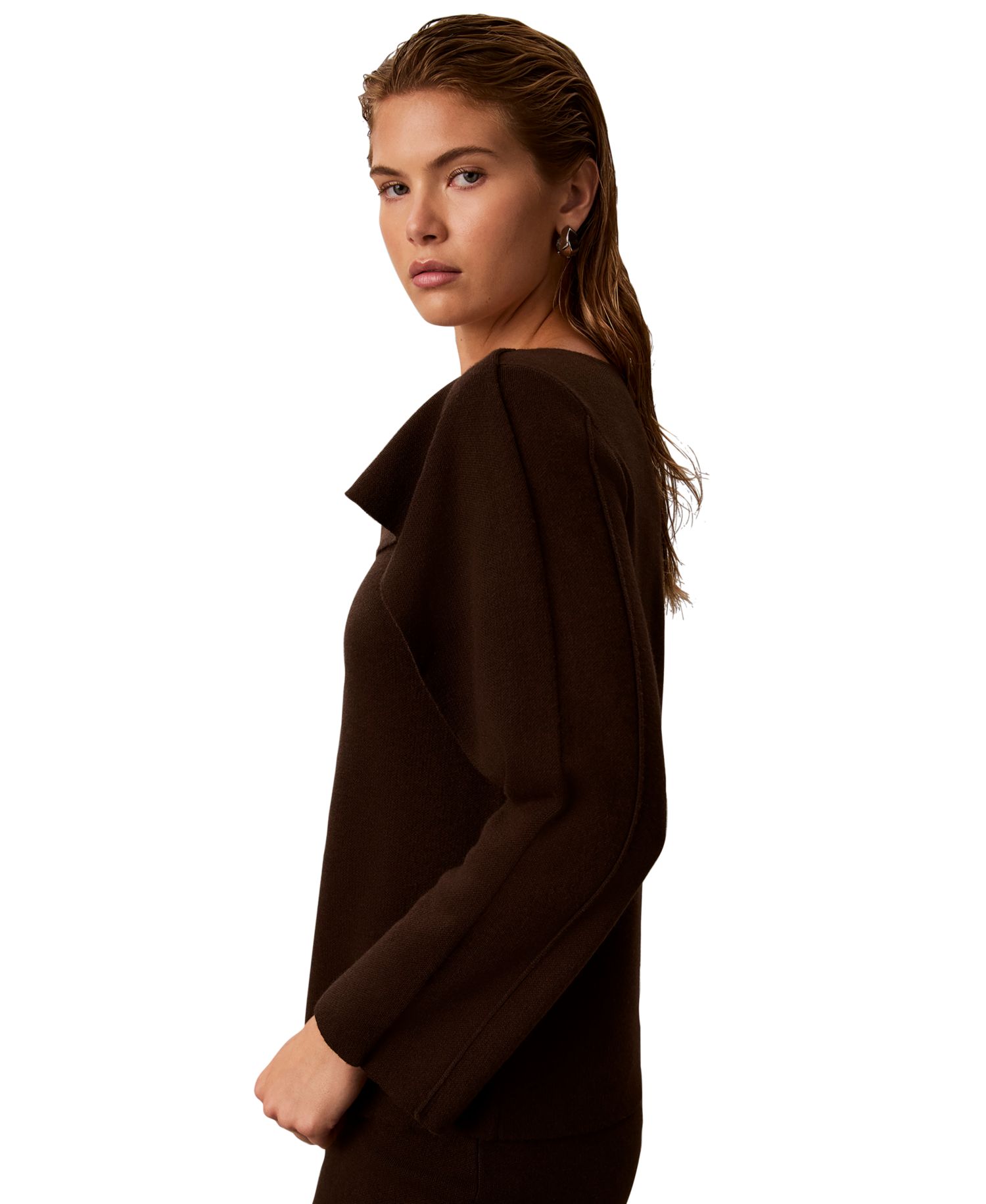 Petite Asymmetrical Drape Boat Neck Long-Sleeve Sweater