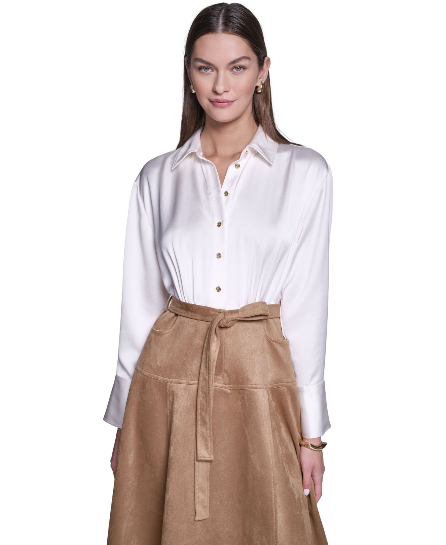 Women's Colorblock A-Line Long-Sleeve Satin & Suede Midi Shirt Dress