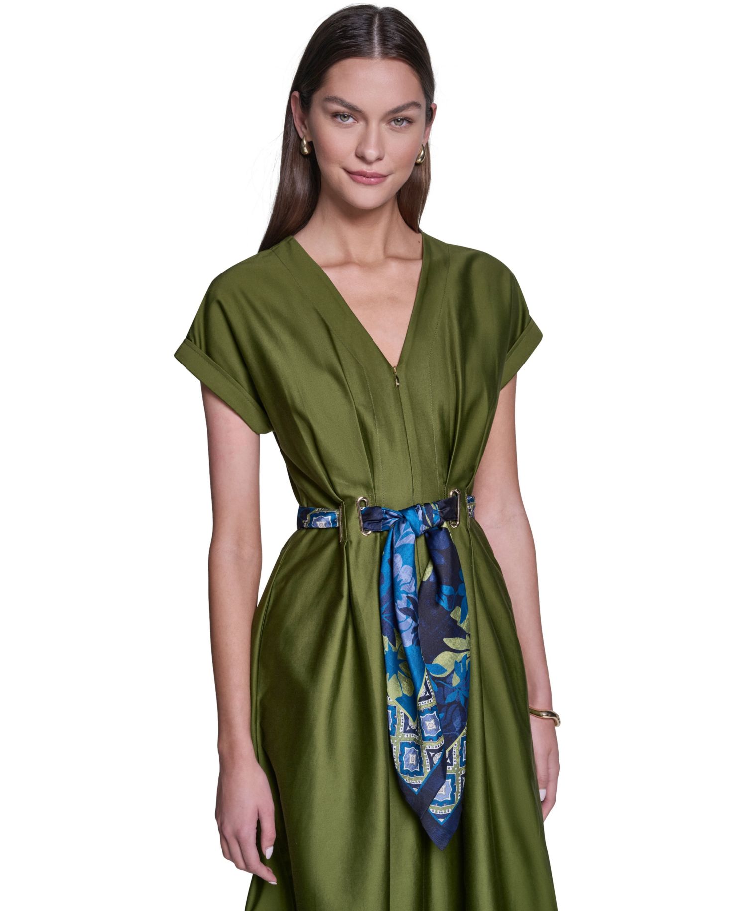 Women's Scarf-Belt V-Neck A-Line Midi Shirt Dress