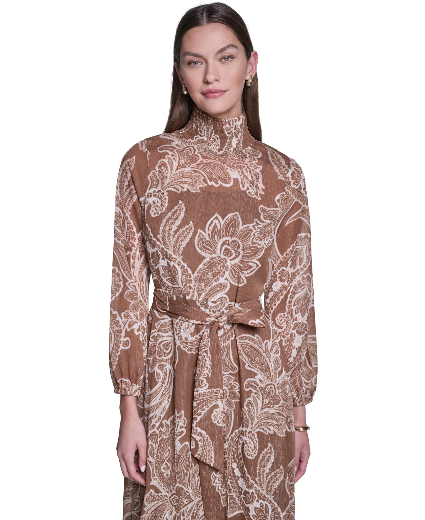 Женское платье Halston Paisley-Printed Long-Sleeve Chiffon Midi, цвет: Рыжевато-коричневый разноцветный — фото 3