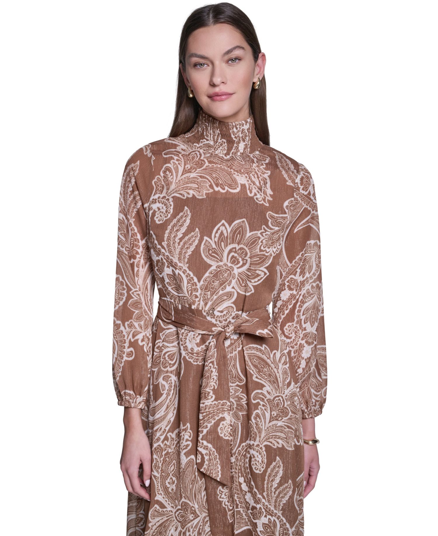 Women's Paisley-Printed Long-Sleeve Chiffon Midi Dress