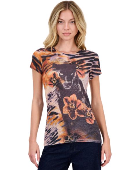Женская футболка GUESS Panther Orchid R3 Sub Animal-Print Crewneck Short-Sleeve, цвет: Золотой разноцветный