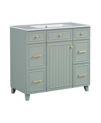 36 Inch Bathroom Vanity with Ceramic Sink Solid Wood Frame Soft Close Doors Adjustable Shelves 3 Drawers Double Depth Drawer for Hairdryer