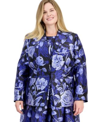 Plus Size Kissing Front Floral-Print Collarless Jacket
