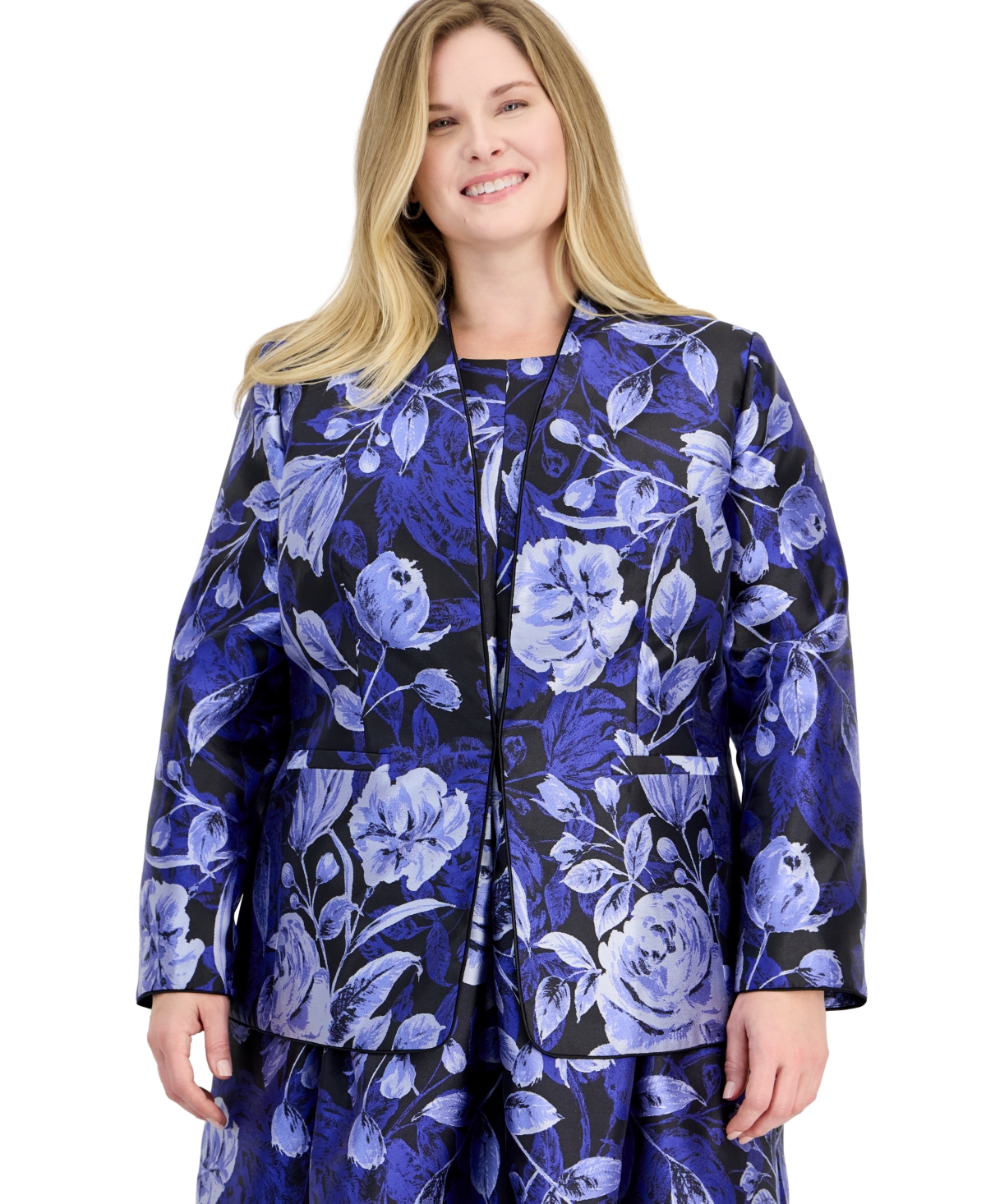Kasper Plus Size Kissing Front Floral-Print Collarless Jacket - Royal Signature Multi