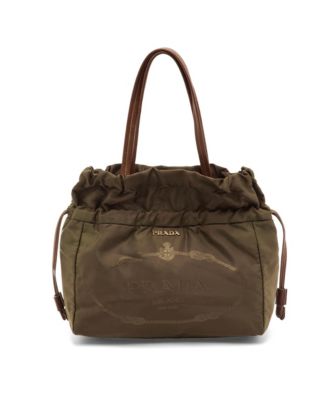 Women's Tessuto Nylon and Leather Drawstring Tote Bag