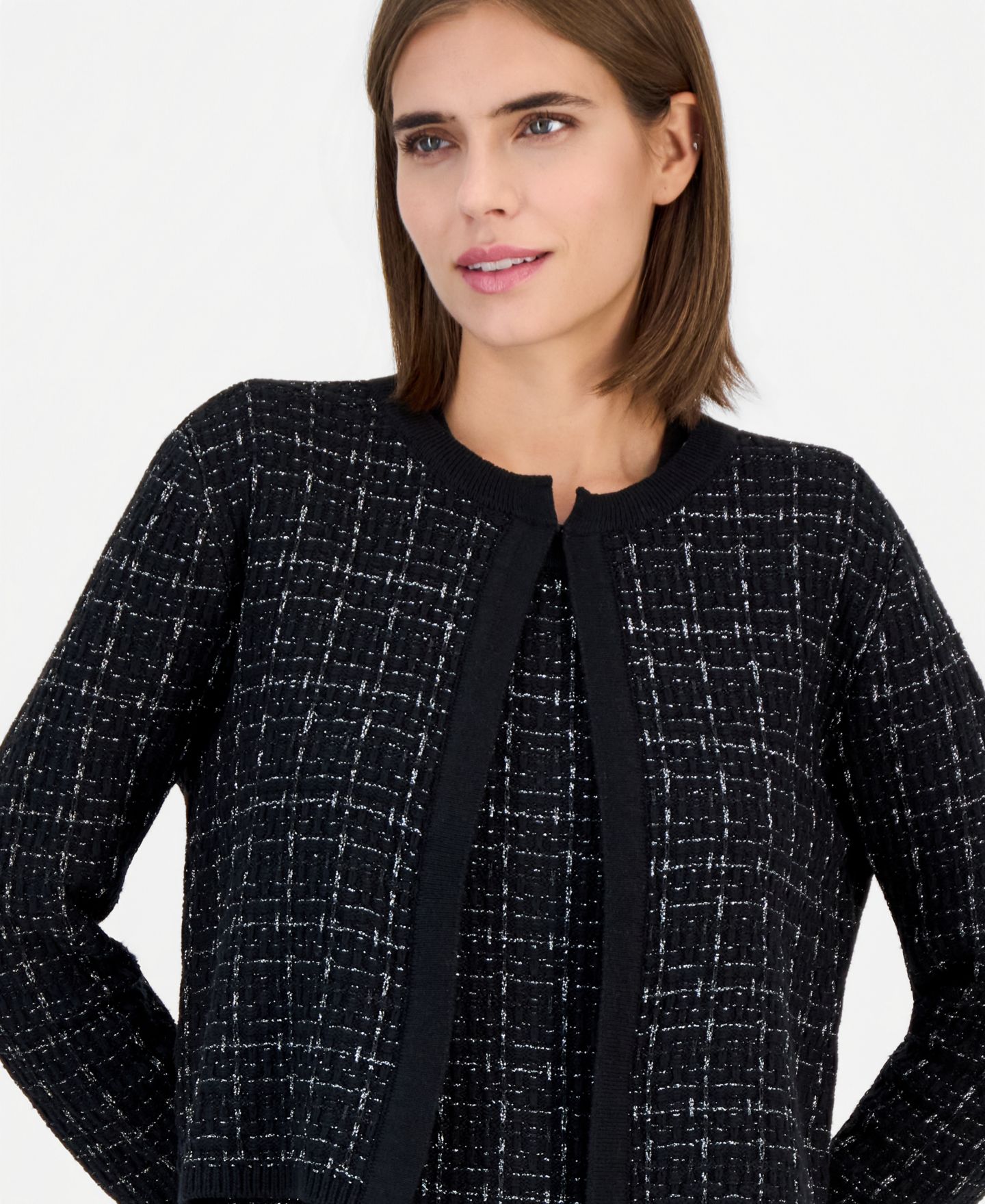 Женские болеро Anne Klein Kissing Front Tweed Cropped Shrug, цвет: Чёрный — фото 3