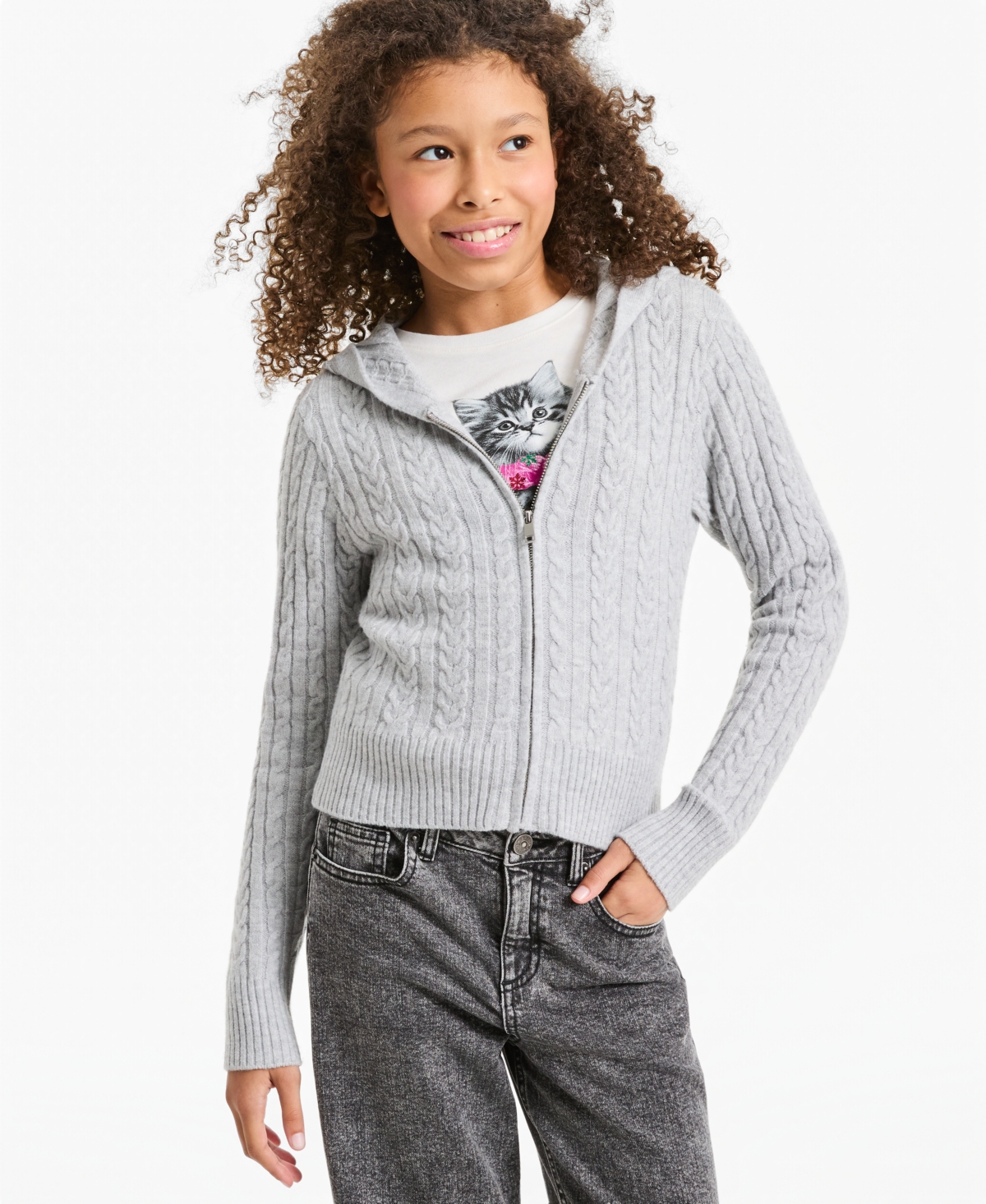 Epic Threads Girls' Xs-xl Ultrasoft Cable Zip Up Hooded Full-Zip Sweater, Macy's Exclusive - Slate Hthr