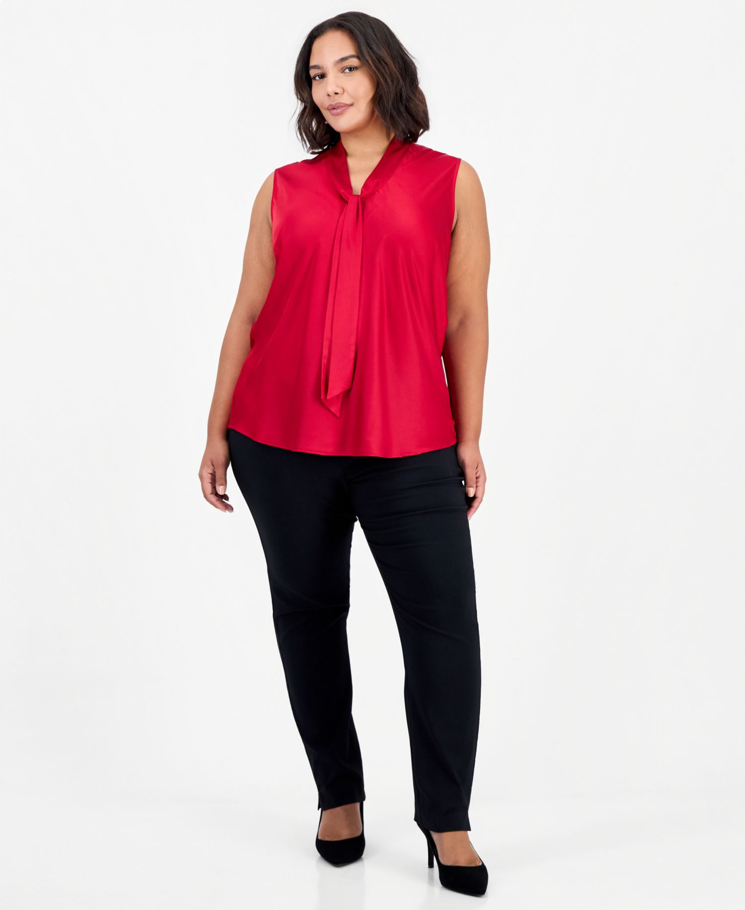 Plus Size Sleeveless Tie-Front Satin Blouse