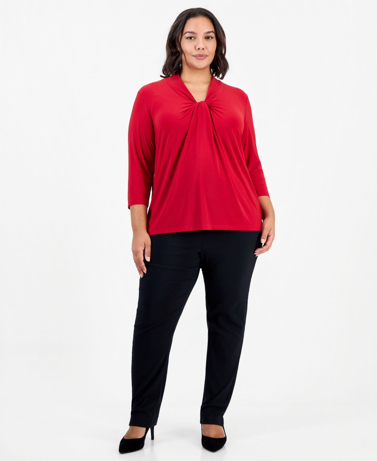 Plus Size Knot-Front 3/4-Sleeve Blouse