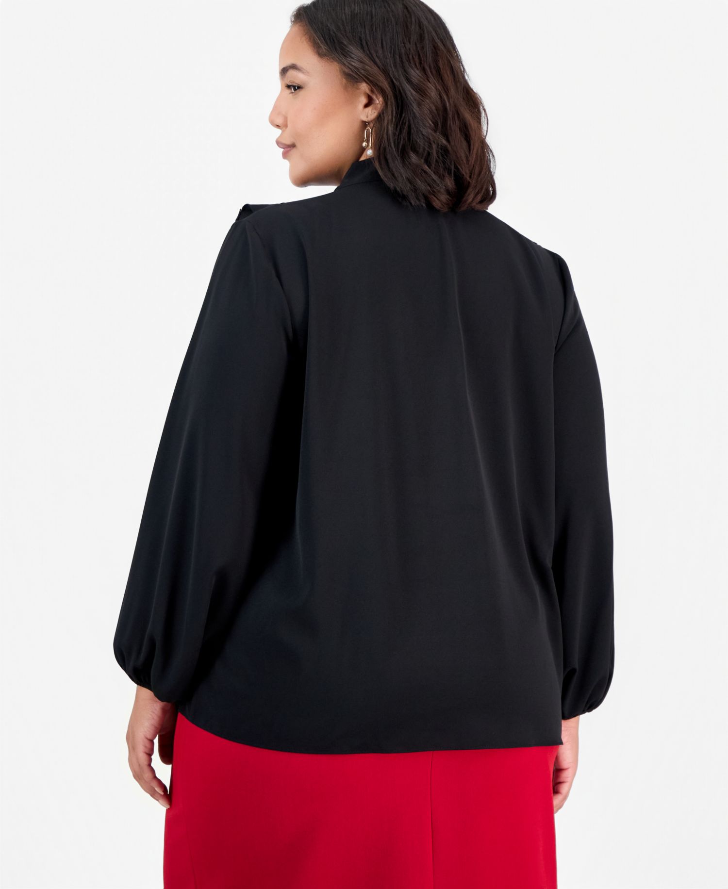 Plus Size Long-Sleeve Ruffle Front Blouse with Bow