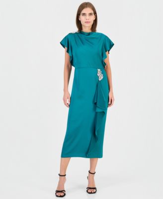 Women's Cowl-Neck Ruffle Satin Midi Dress