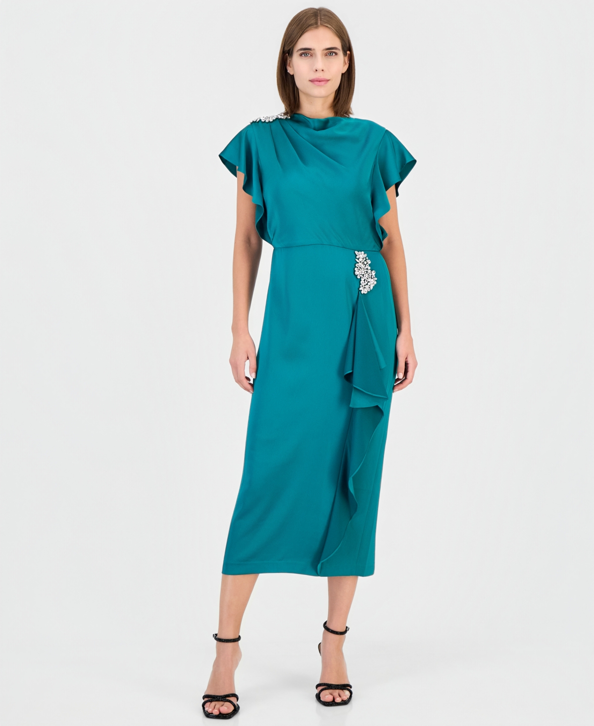 Anne Klein Women's Cowl-Neck Ruffle Satin Midi Dress