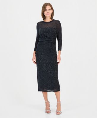 Women's Long-Sleeve Side-Ruched Sparkly Mesh Midi Dress