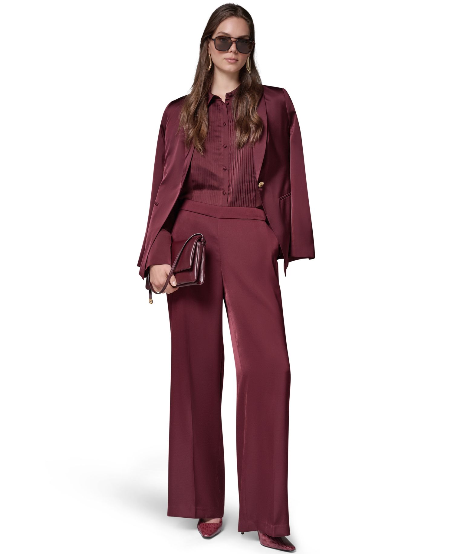 Petite Satin Shawl Lapel Shoulder-Padded Blazer