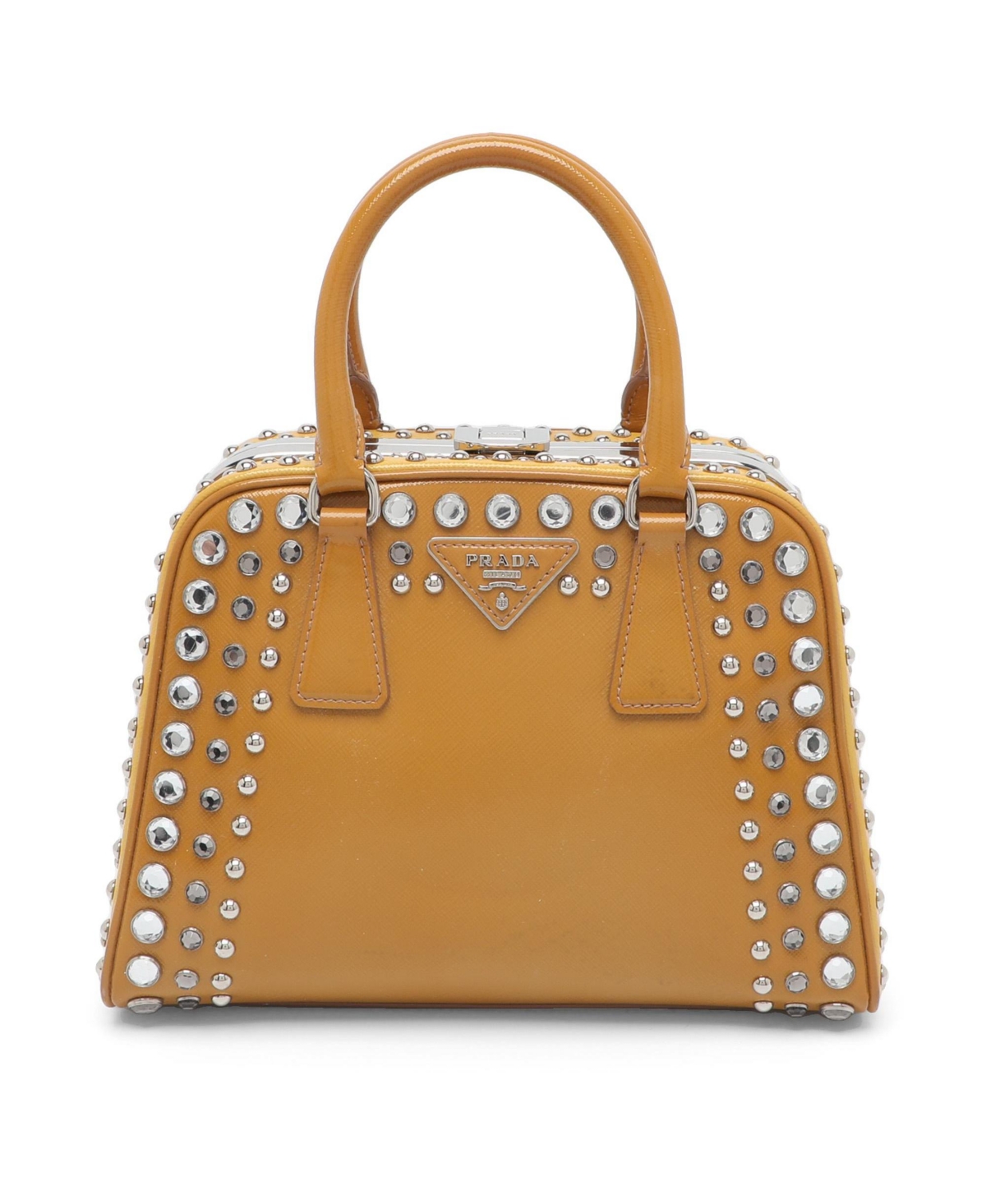Pre-Owned Prada Women's Small Studded Saffiano Patent Leather Frame Bag - Natural
