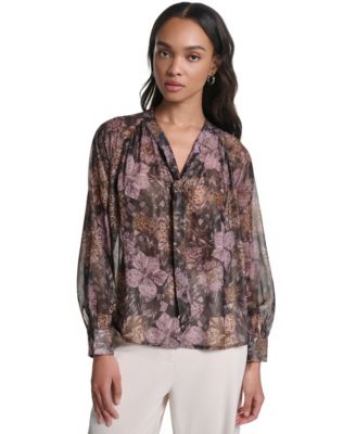 Women's Tie Neck Sheer Floral Blouse