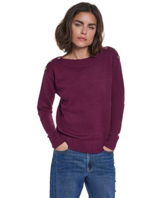 Women's Button Shoulder Boat Neck Long-Sleeve Sweater