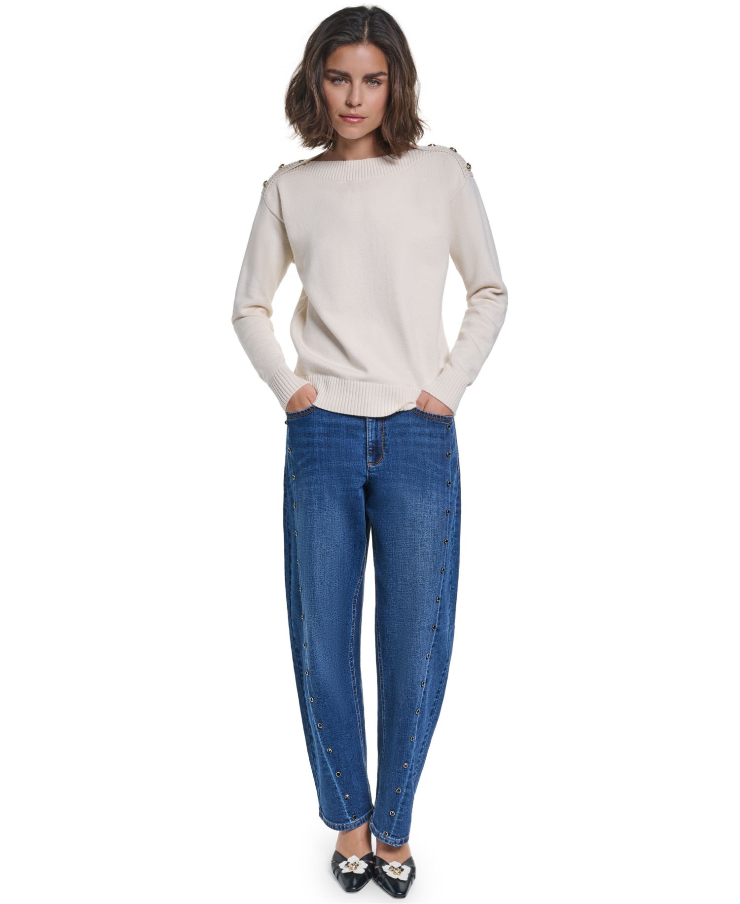 Women's Button Shoulder Boat Neck Long-Sleeve Sweater