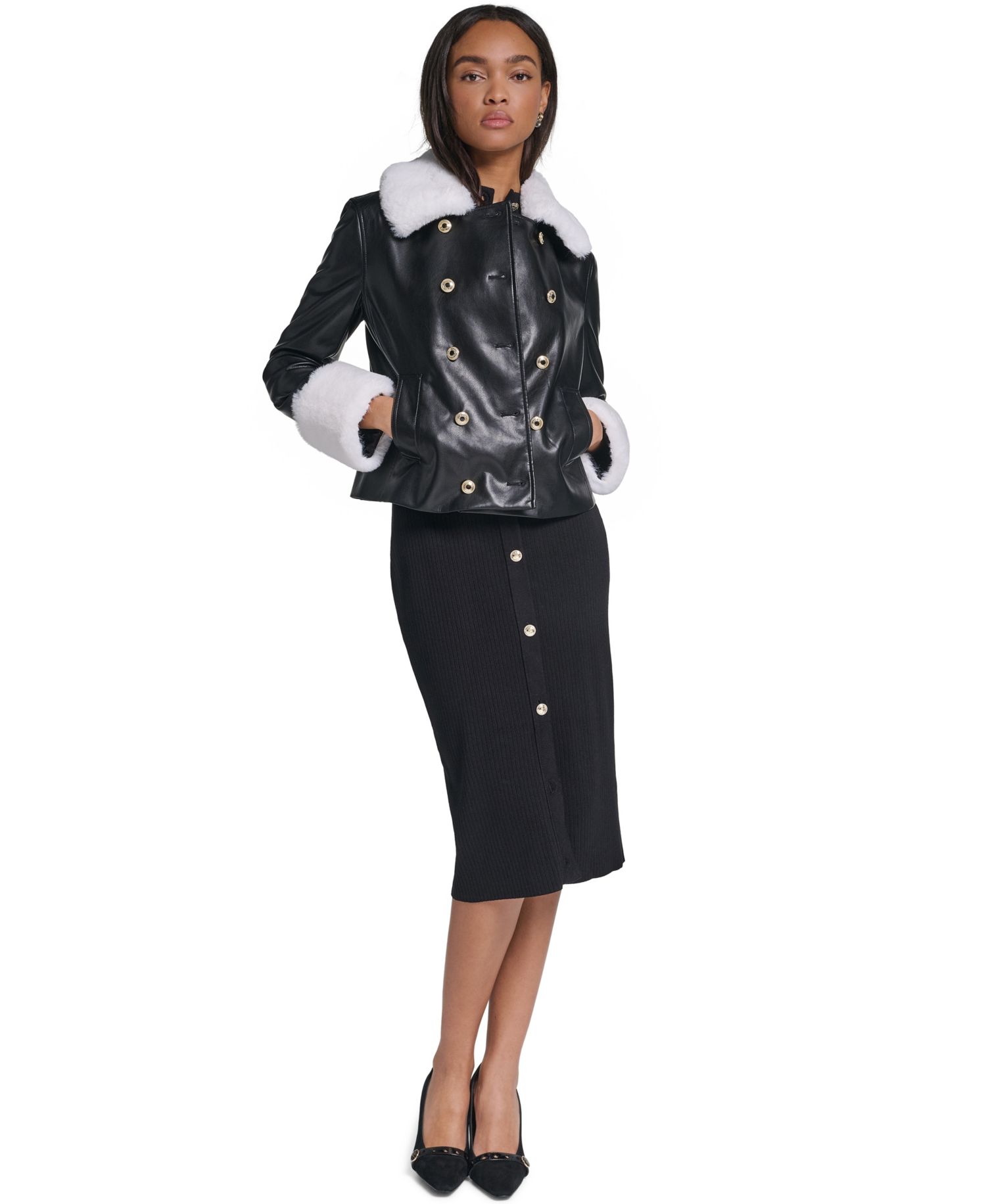 Women's Faux Fur Collar Double-Breasted Jacket