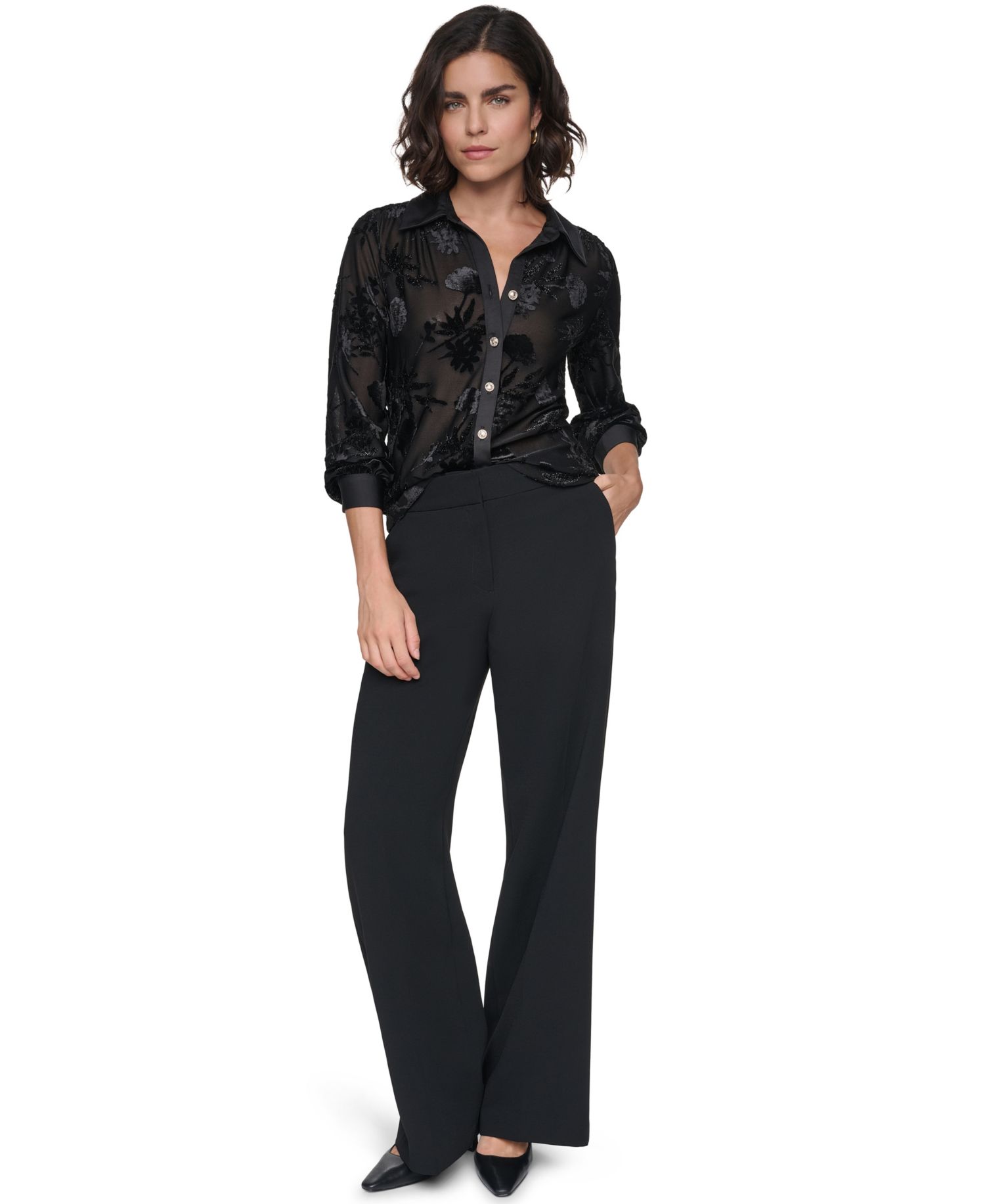 Women's Long-Sleeve Collared Burnout-Floral Blouse