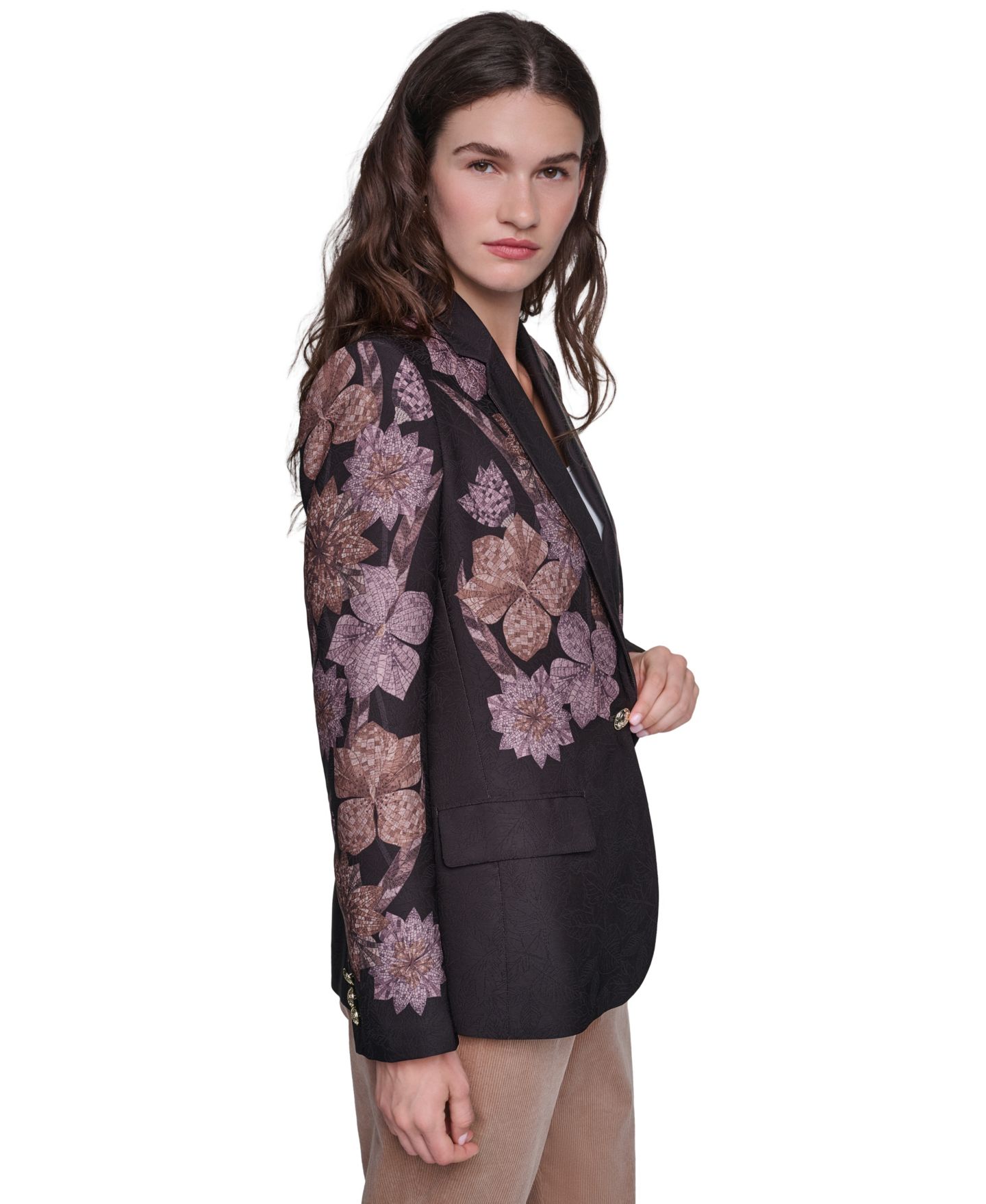 Женский пиджак KARL LAGERFELD PARIS Placed-Print Long-Sleeve Blazer, цвет: Чёрный / Розовато-лиловый — фото 3