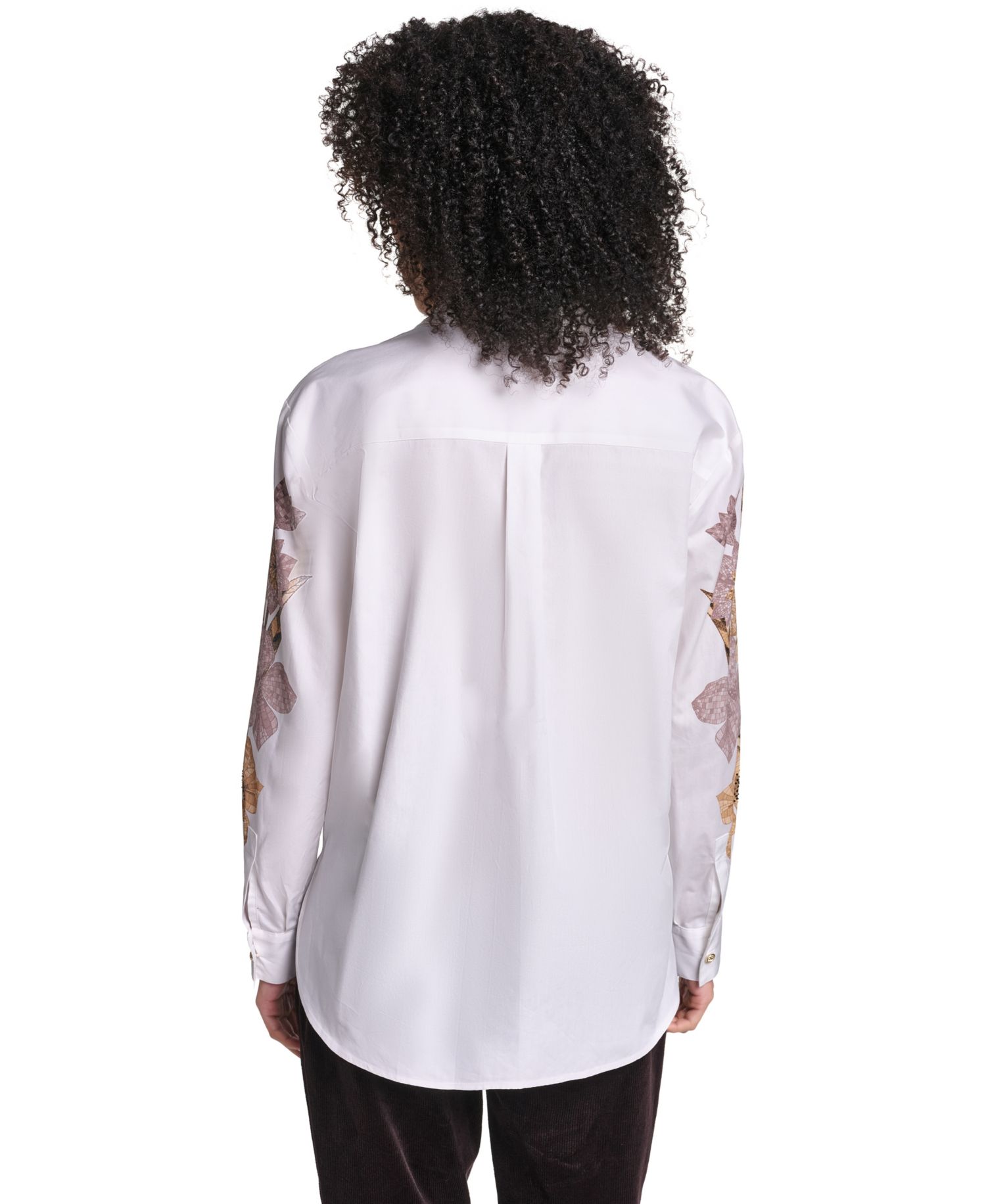 Women's Floral-Print Long-Sleeve Hotfix Rhinestone Blouse