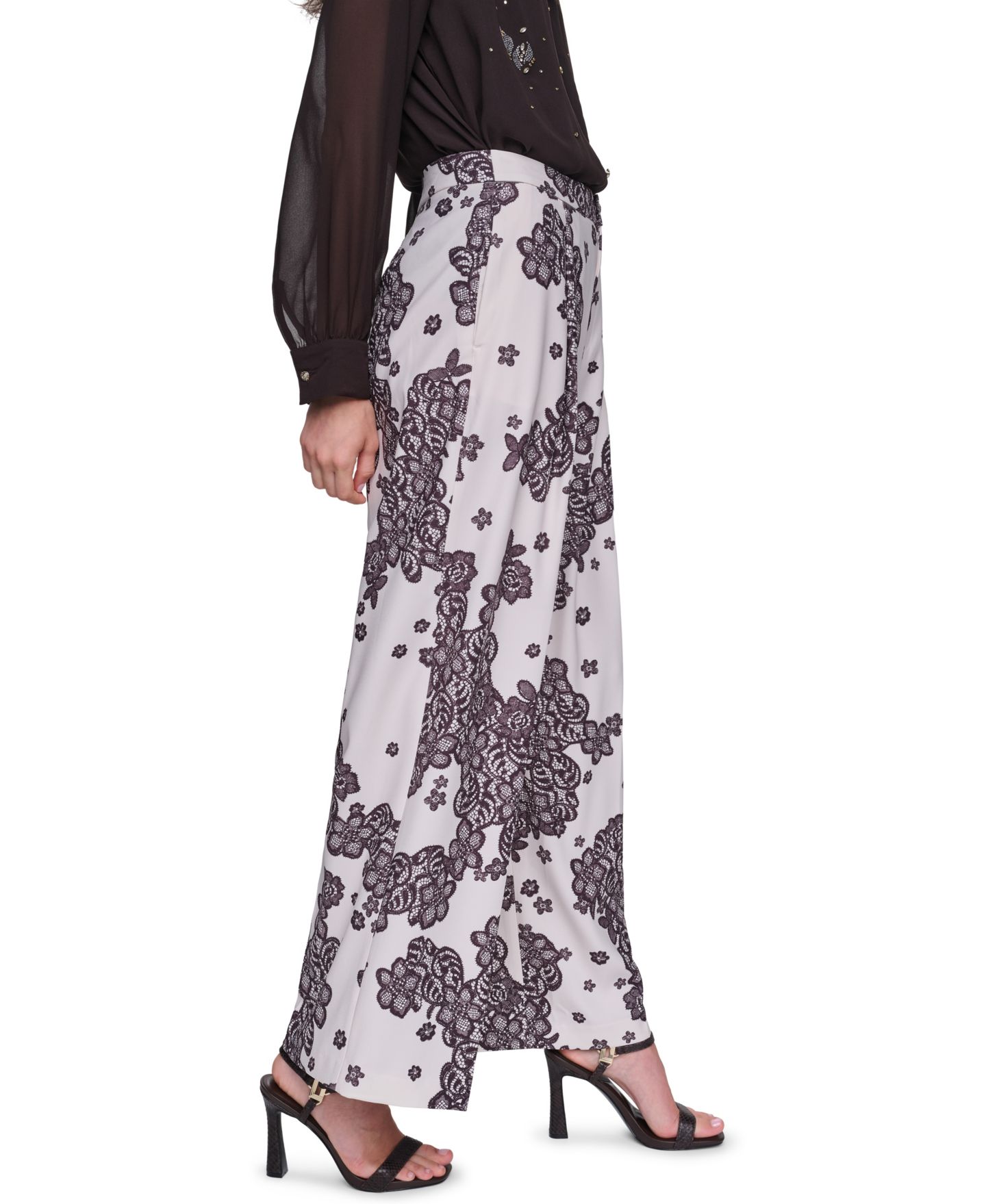 Женские брюки KARL LAGERFELD PARIS Printed Lace Wide-Leg, цвет: Берёзовый / Шоколадный — фото 3