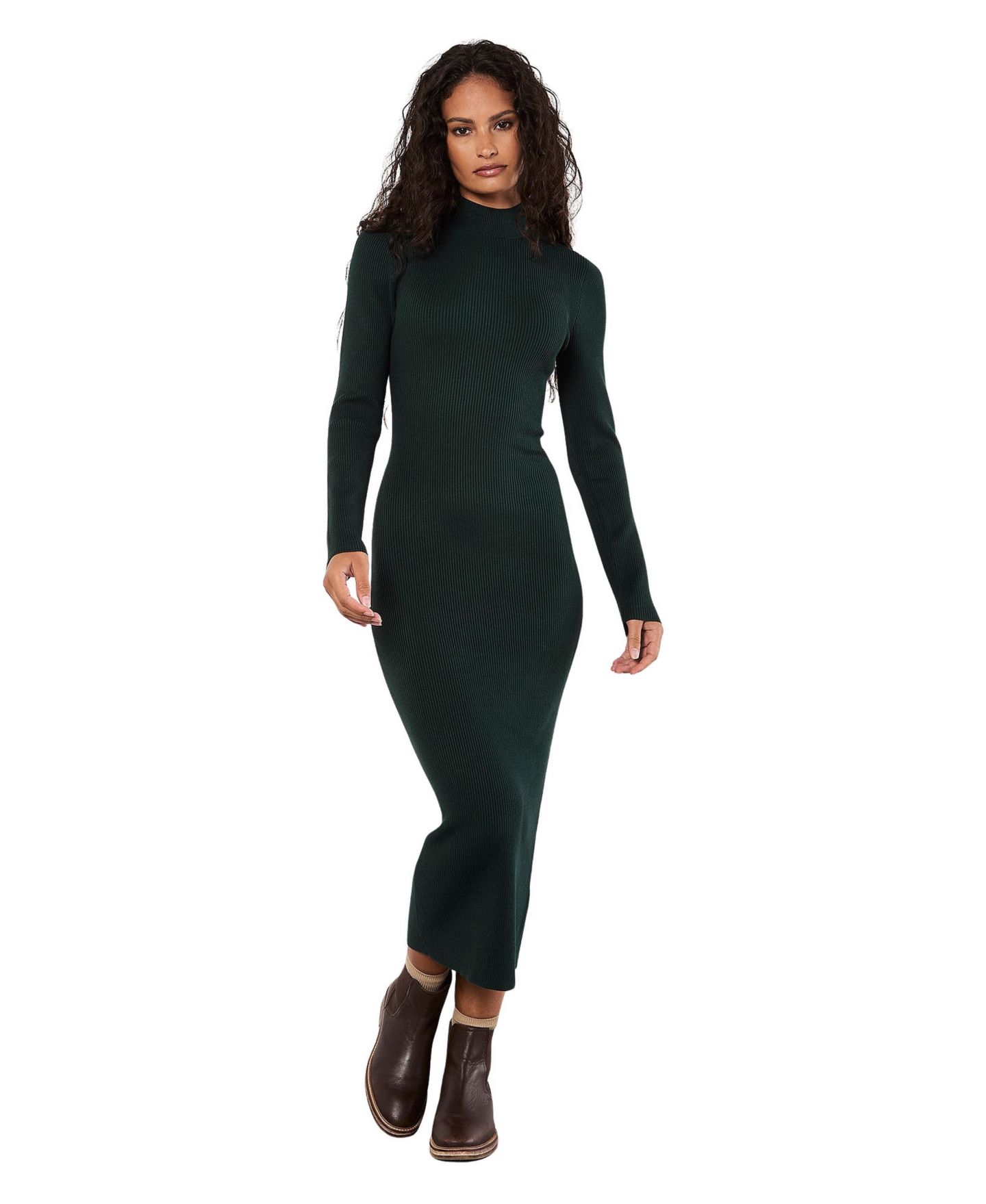 Женское платье Apricot Long-Sleeve Ribbed-Knit Mock-Neck Midi, цвет: Зелёный — фото 1
