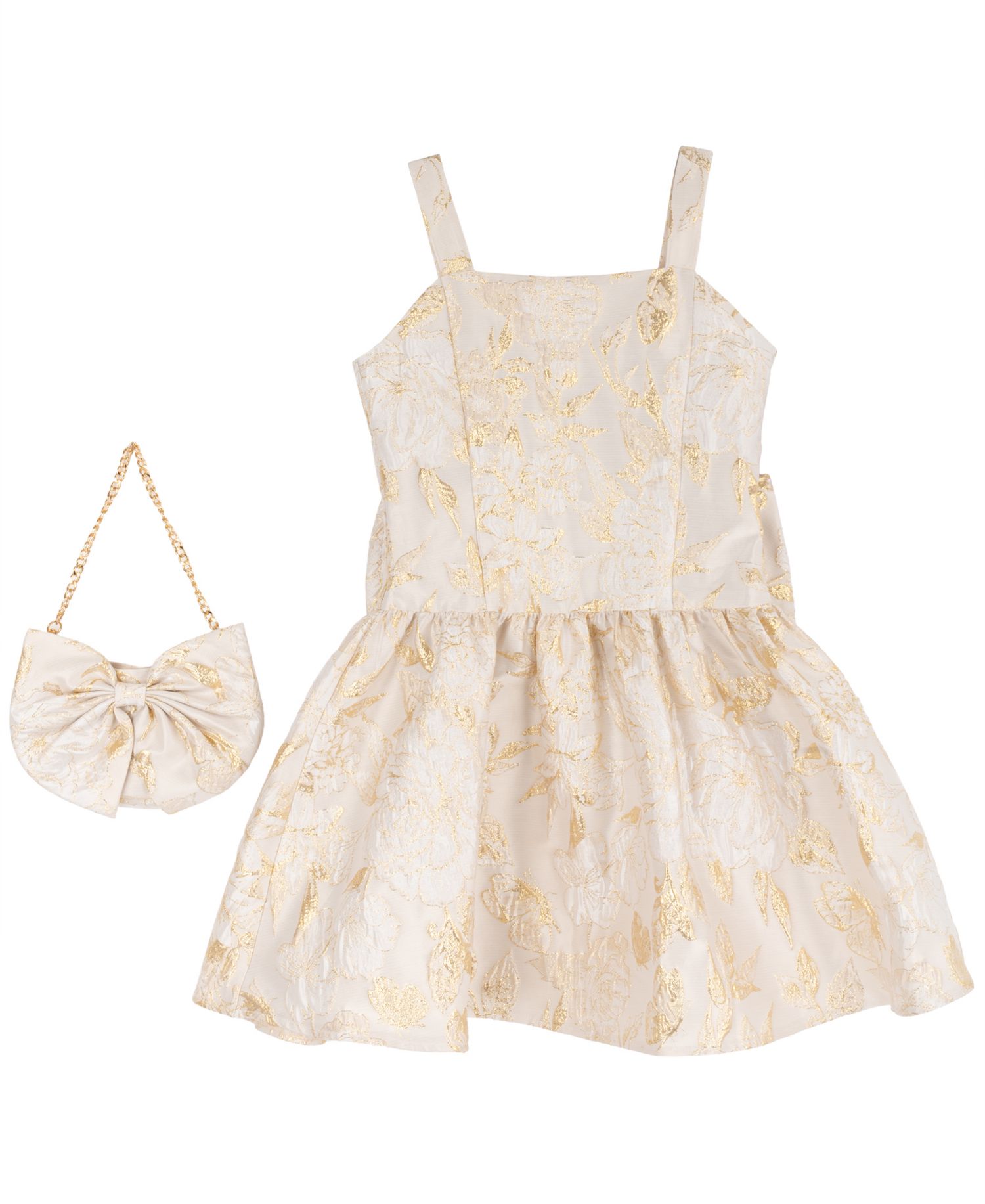 Girls' 7-16 Brocade Princess Bodice Square Neck Fit & Flare Metallic Floral Dress