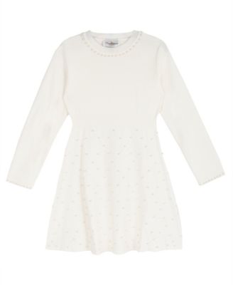 Girls' 7-16 Sweater Knit Imitation Pearl Embellished Long-Sleeve Fit & Flare Dress
