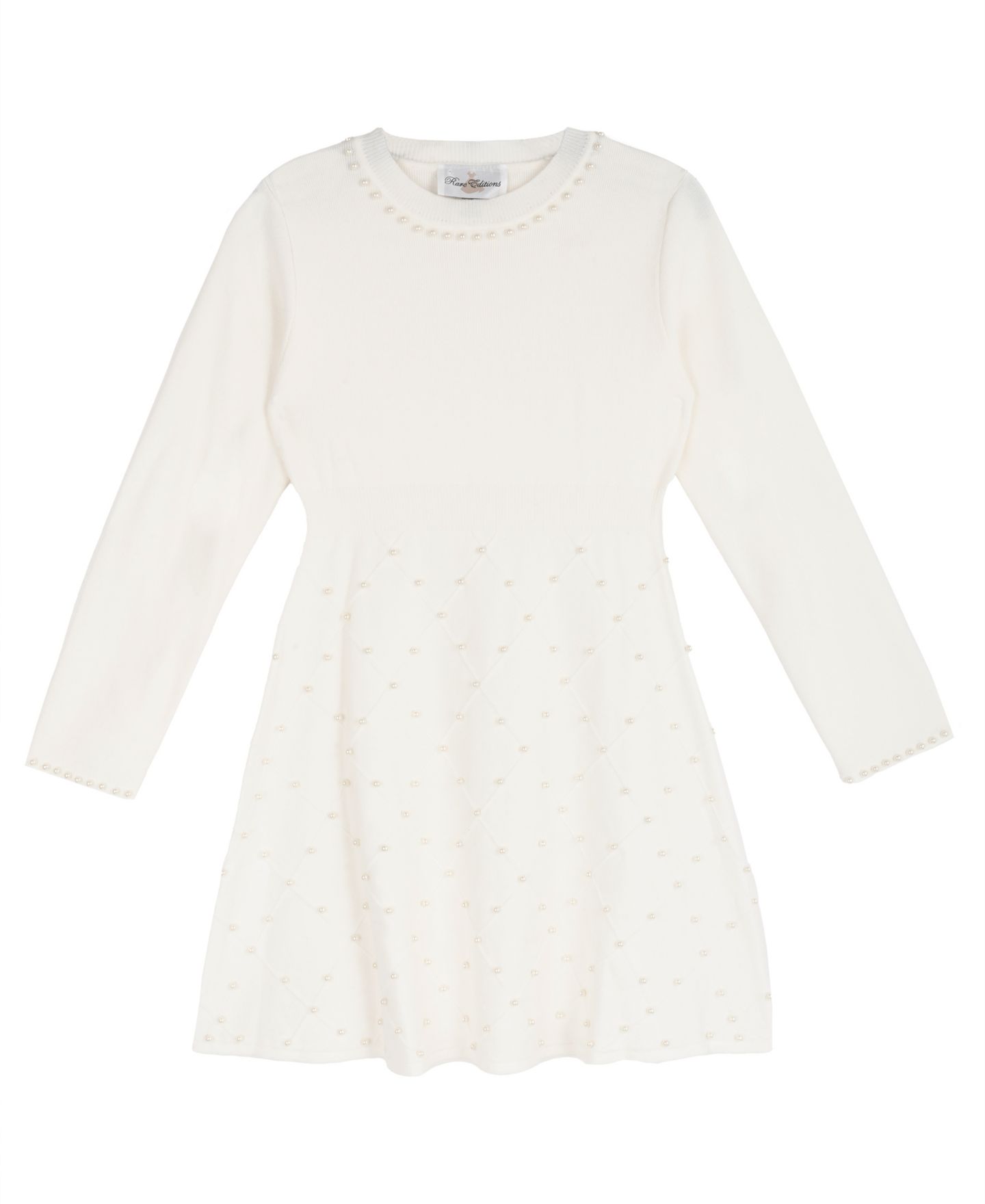 Платье Rare Editions Sweater Knit Imitation Pearl Embellished Long-Sleeve Fit & Flare Dress для девочек, цвет: Кремовый — фото 1