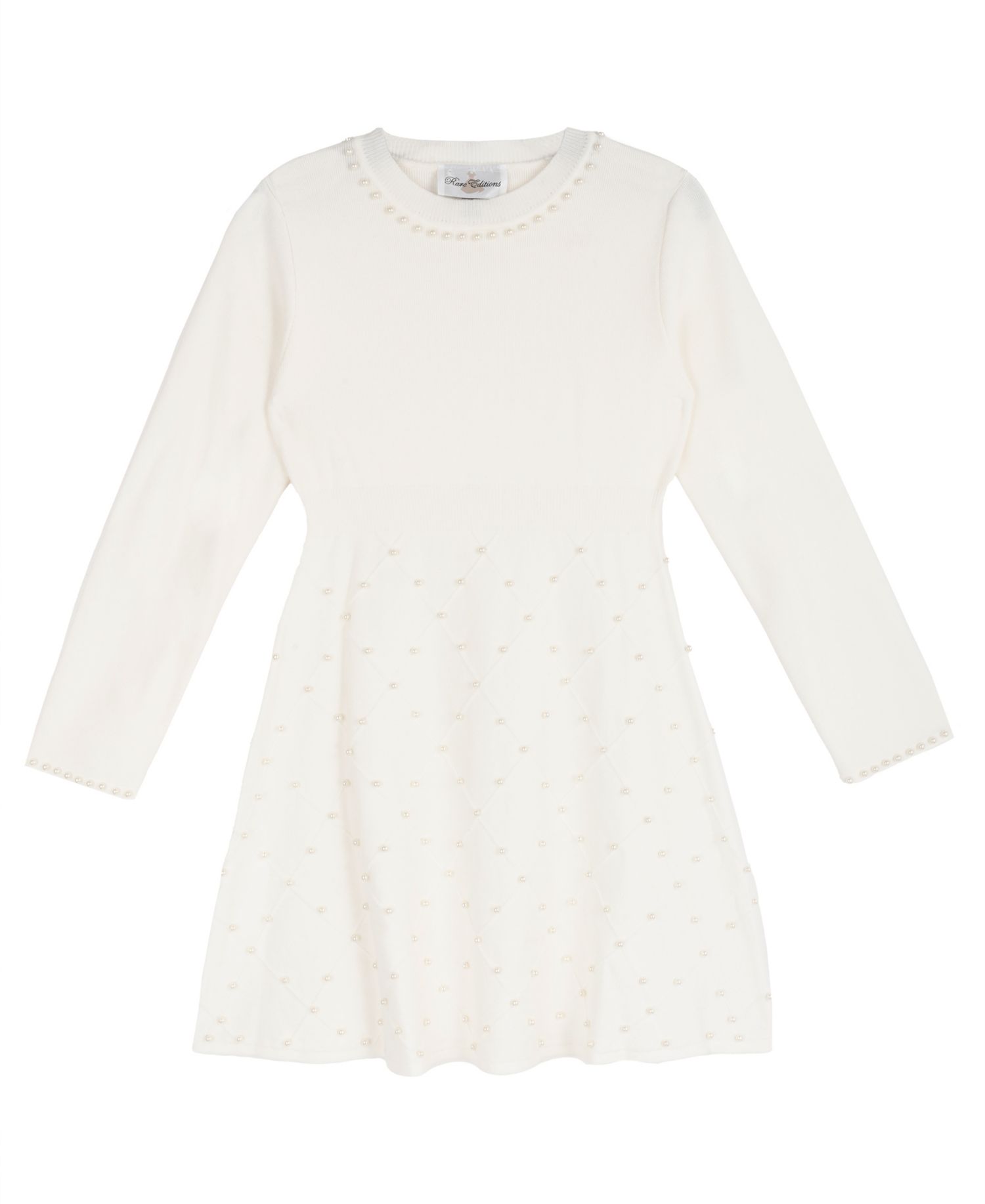 Girls' 7-16 Sweater Knit Imitation Pearl Embellished Long-Sleeve Fit & Flare Dress