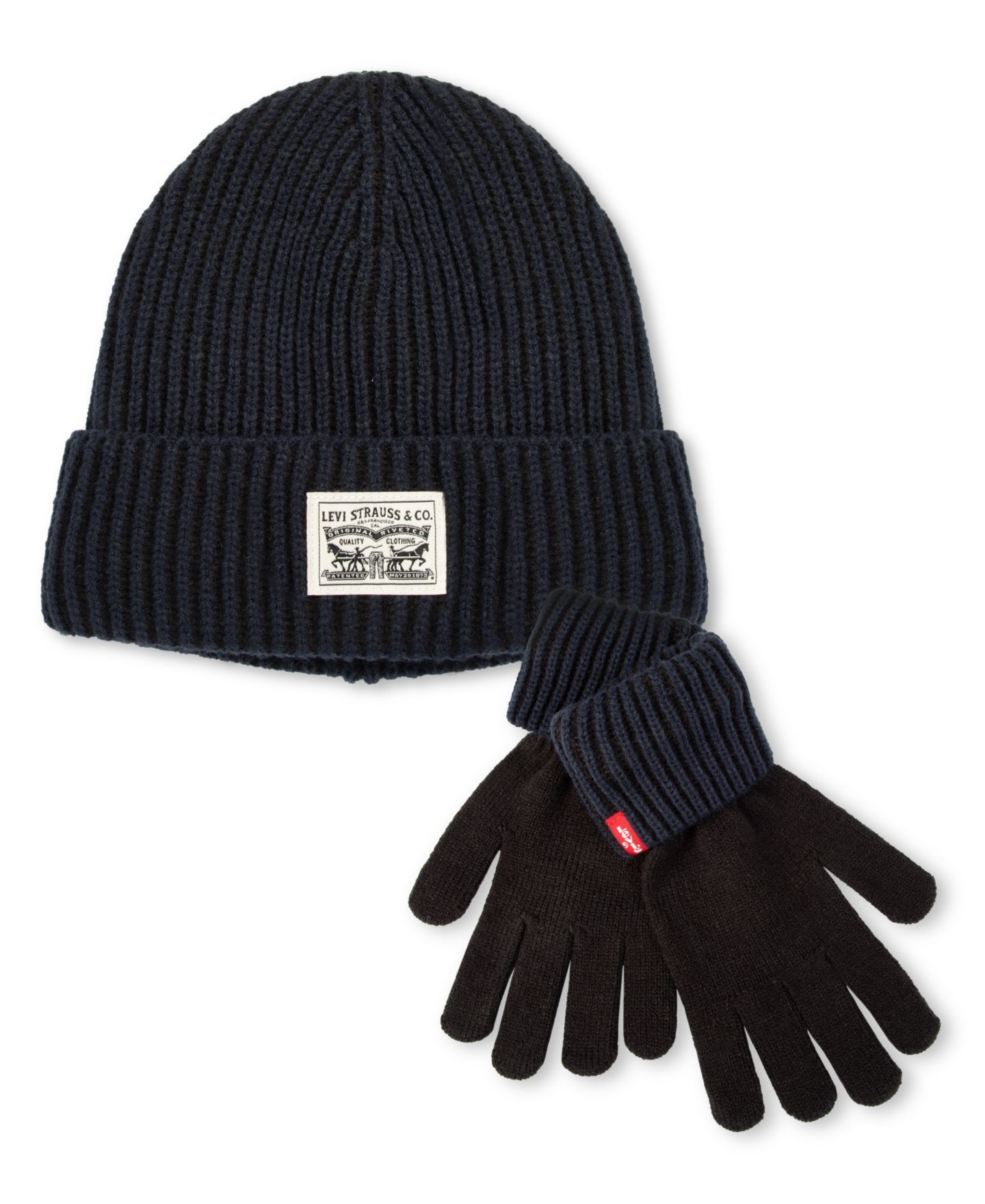 Мужские комплекты Levi's Fleece-Lined Rib-Knit Beanie & Gloves, 2-Piece Set, цвет: Тёмно-синий — фото 1
