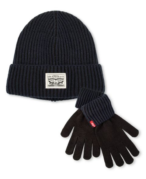 Мужские комплекты Levi's Fleece-Lined Rib-Knit Beanie & Gloves, 2-Piece Set, цвет: Тёмно-синий