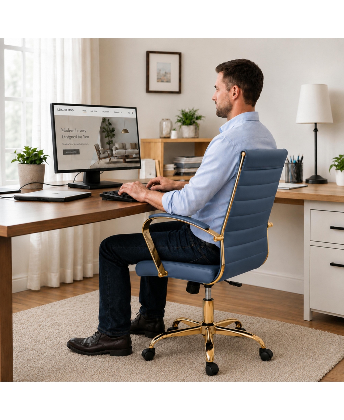 LeisureMod Benmar High-Back Leather Office Chair with Gold Accents, Adjustable Height, Swivel and Tilt Conference Desk Chair