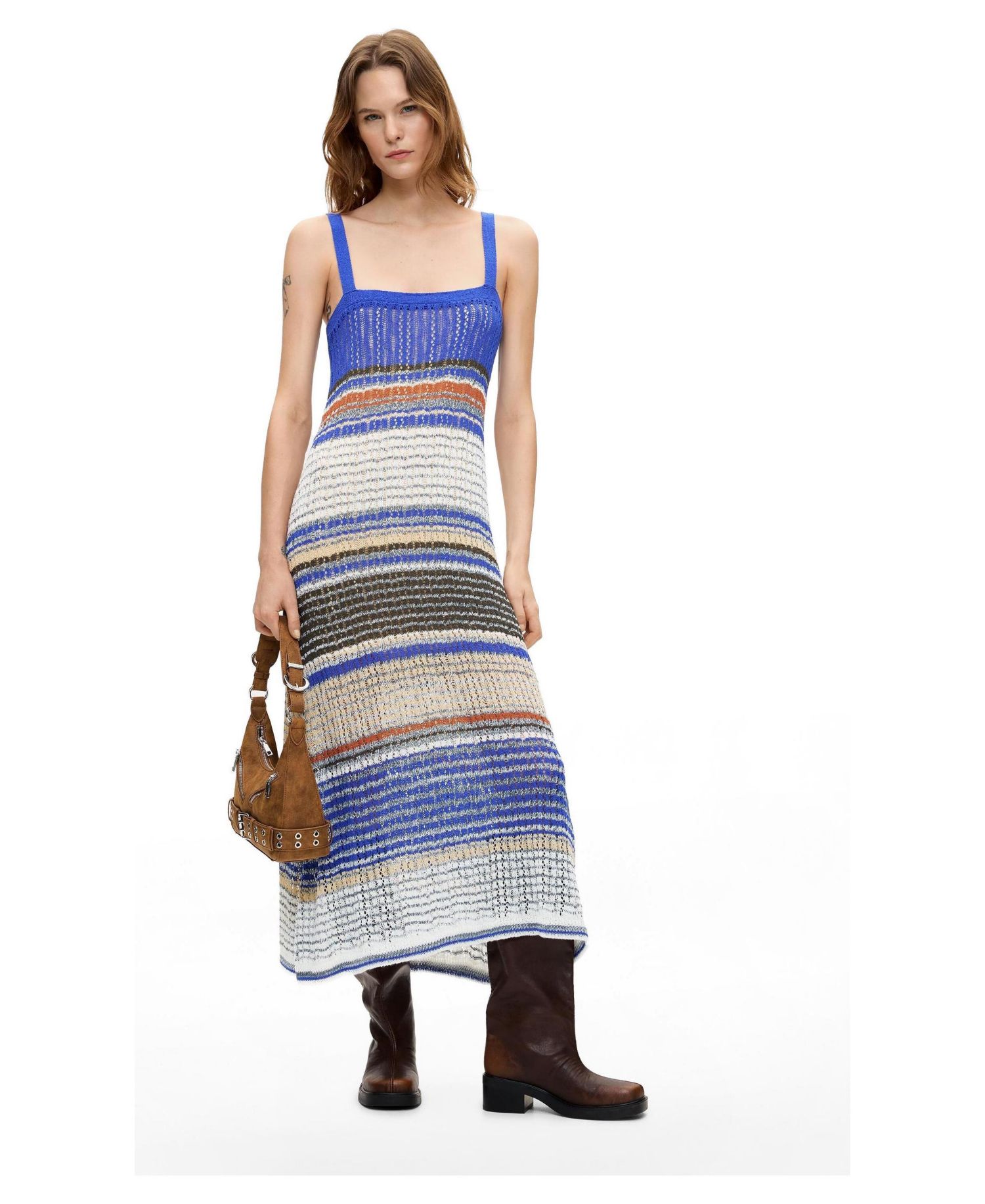Women's Square Neck Striped Long Knit Dress