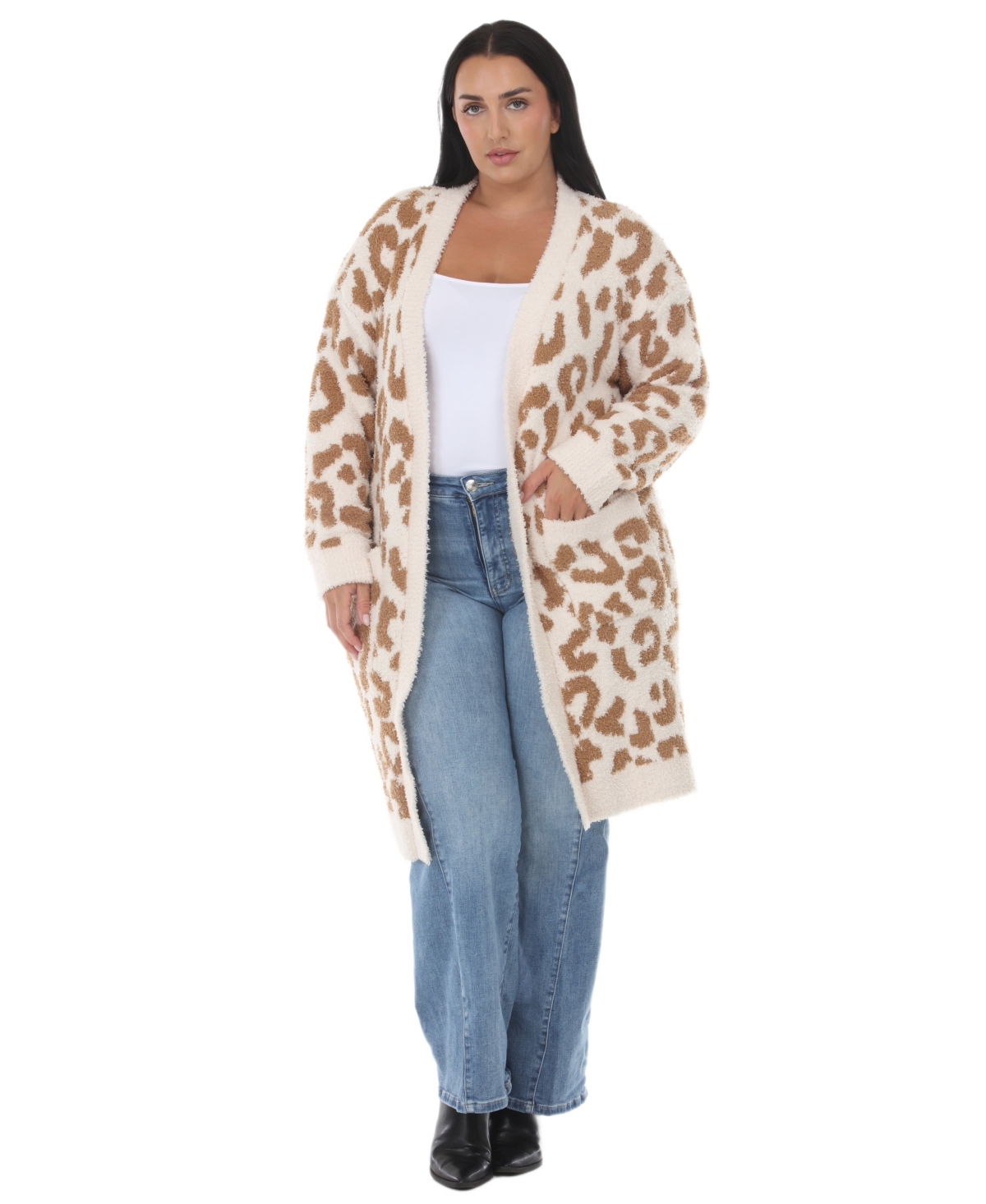 White Mark Plus Size Leopard-Print Sherpa Open-Front Cardigan - Tan