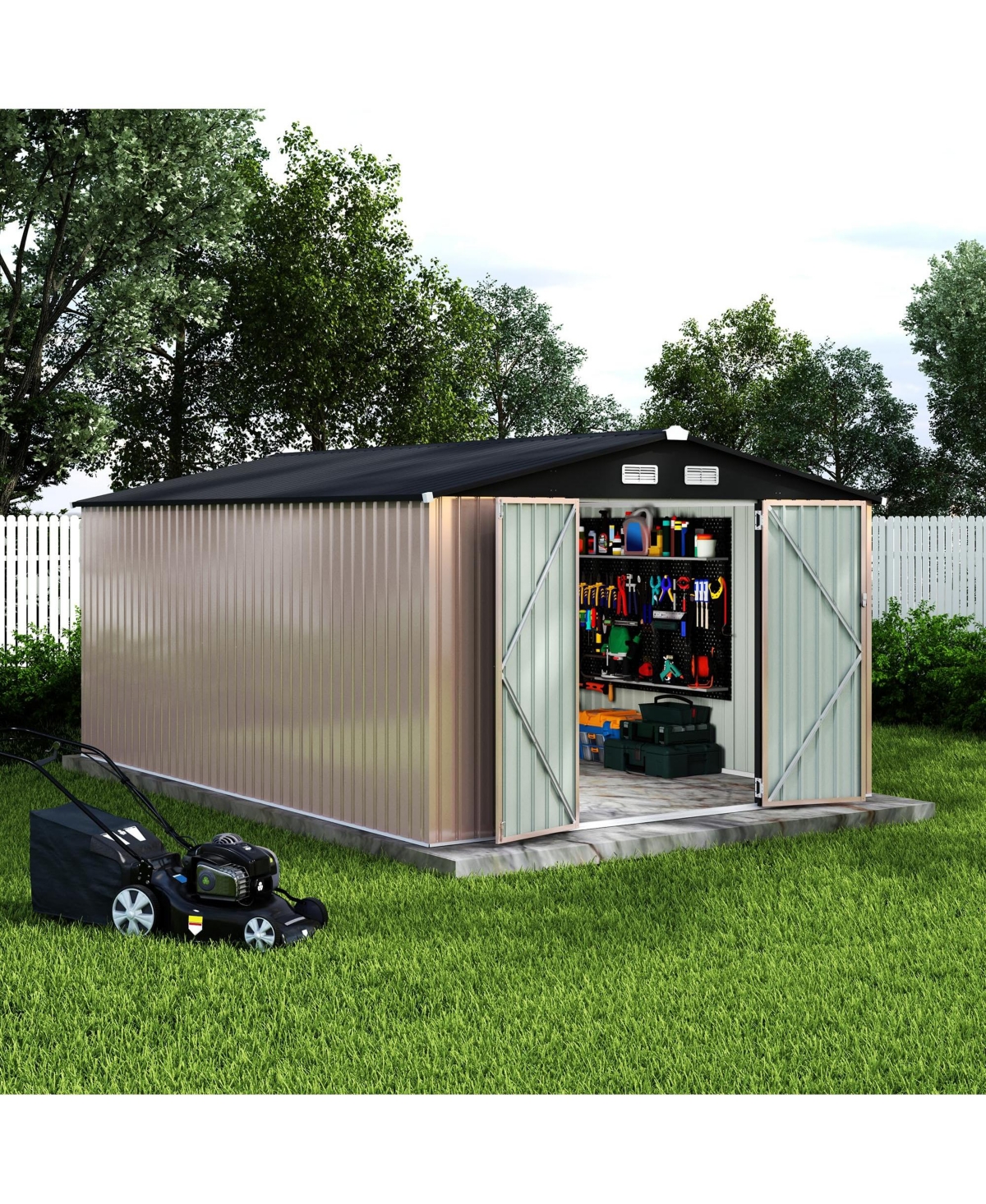 10 x 14 Ft Outdoor Storage Shed, Heavy Duty Steel Garden Tool Shed with Lockable Doors and Vents, for Backyard Patio Lawn, Grey/Brown