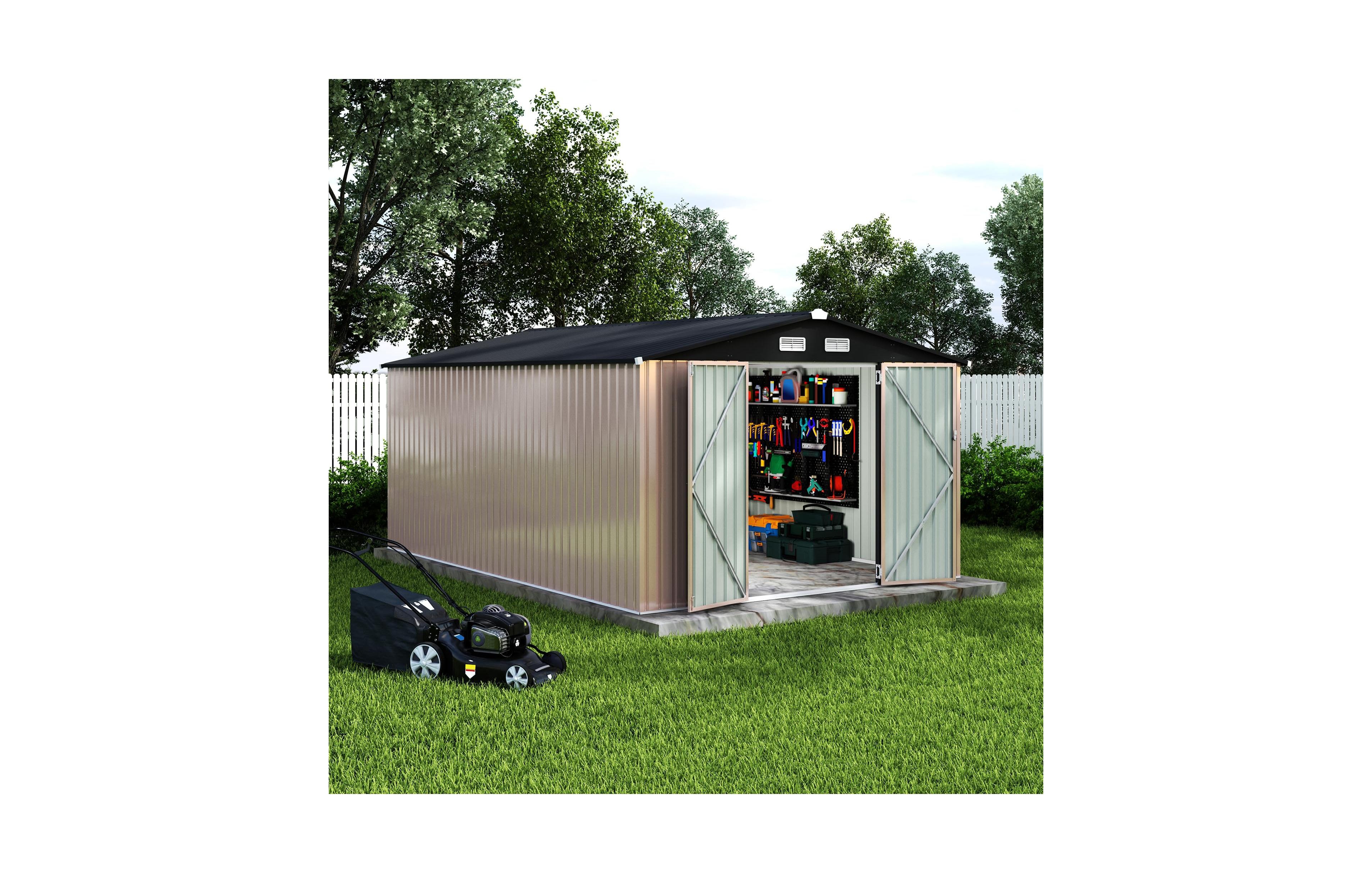 10 x 14 Ft Outdoor Storage Shed, Heavy Duty Steel Garden Tool Shed with Lockable Doors and Vents, for Backyard Patio Lawn, Grey/Brown