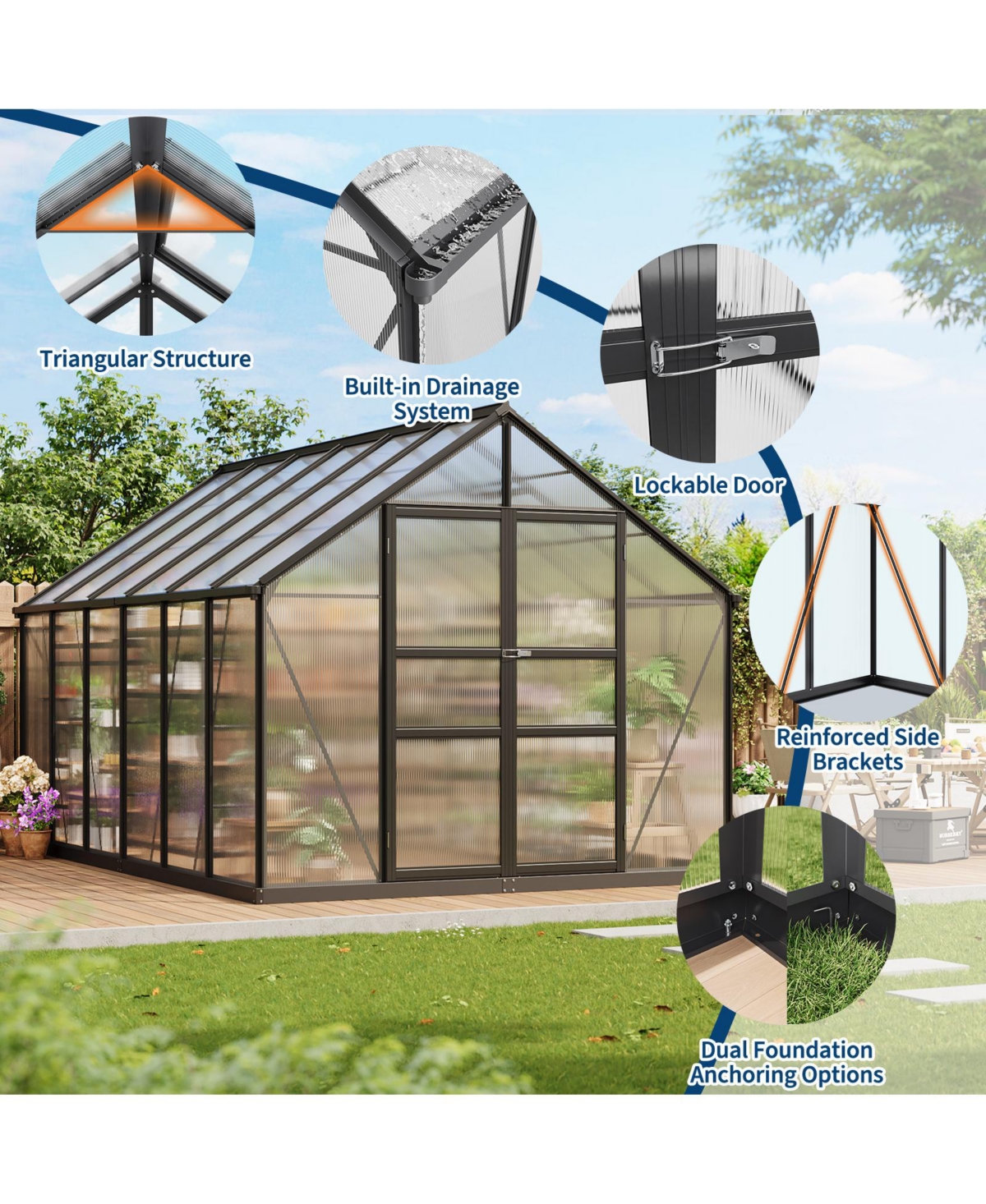 12 x 8 Ft Outdoor Greenhouse with Aluminum Frame and Polycarbonate Panels, Walk-in Plant Sun Room with Hinged Door and 2 Vent Windows, Silver