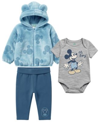 Baby Boys' Mickey Mouse Hooded Zip-Up Faux Fur Jacket, Bodysuit and Pants, 3-Piece Set