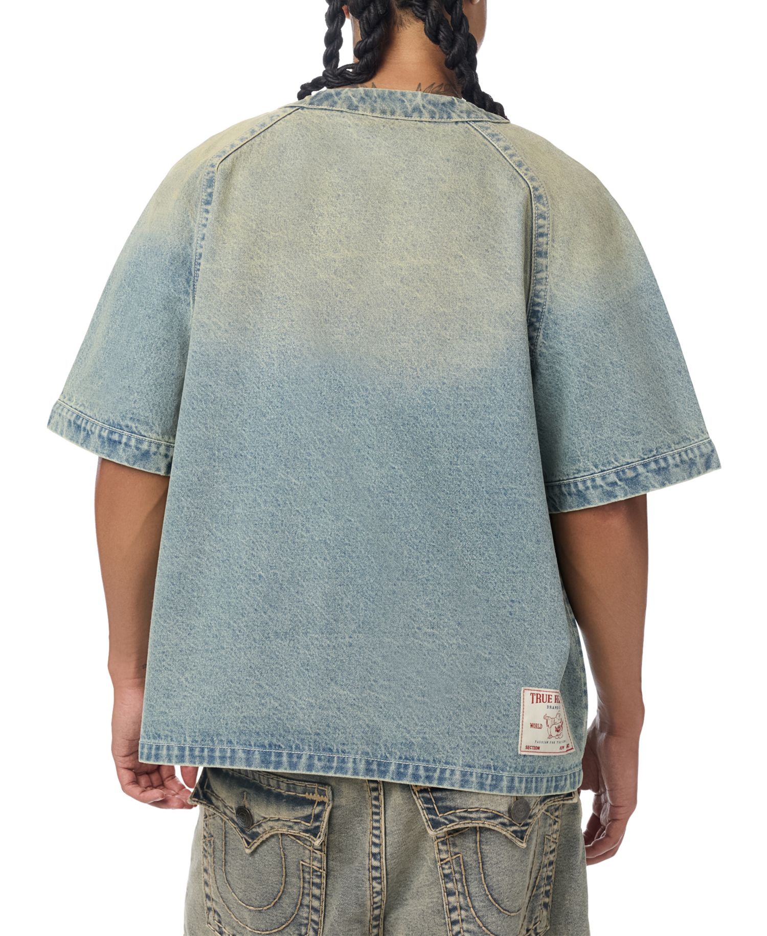 Men's Short-Sleeve Raglan Denim Baseball Shirt